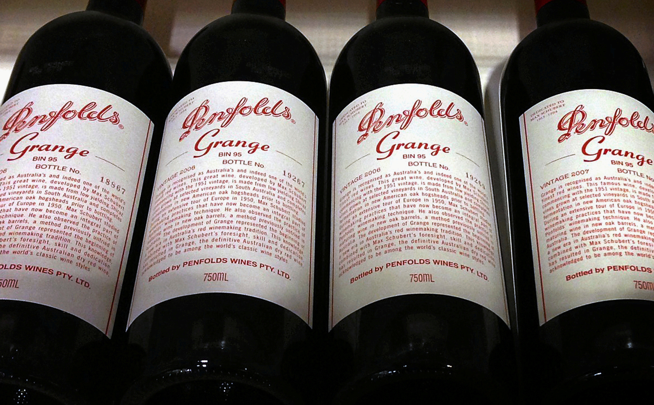 File photo of bottles of Penfolds Grange, made by Australian wine maker Penfolds and owned by Australia's Treasury Wine Estates, on a shelf for sale