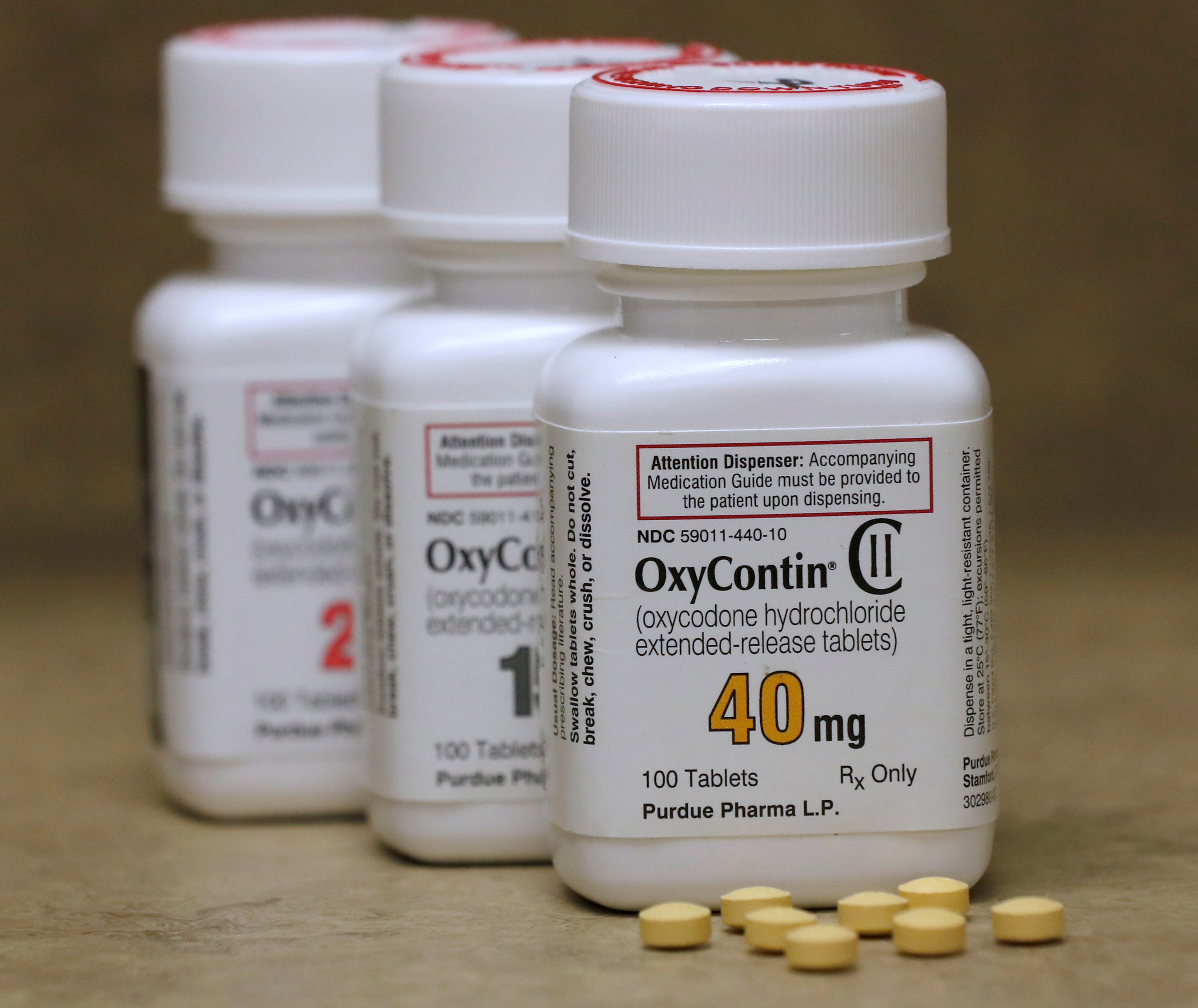 Bottles of prescription painkiller OxyContin made by Purdue Pharma LP on a counter at a local pharmacy in Provo