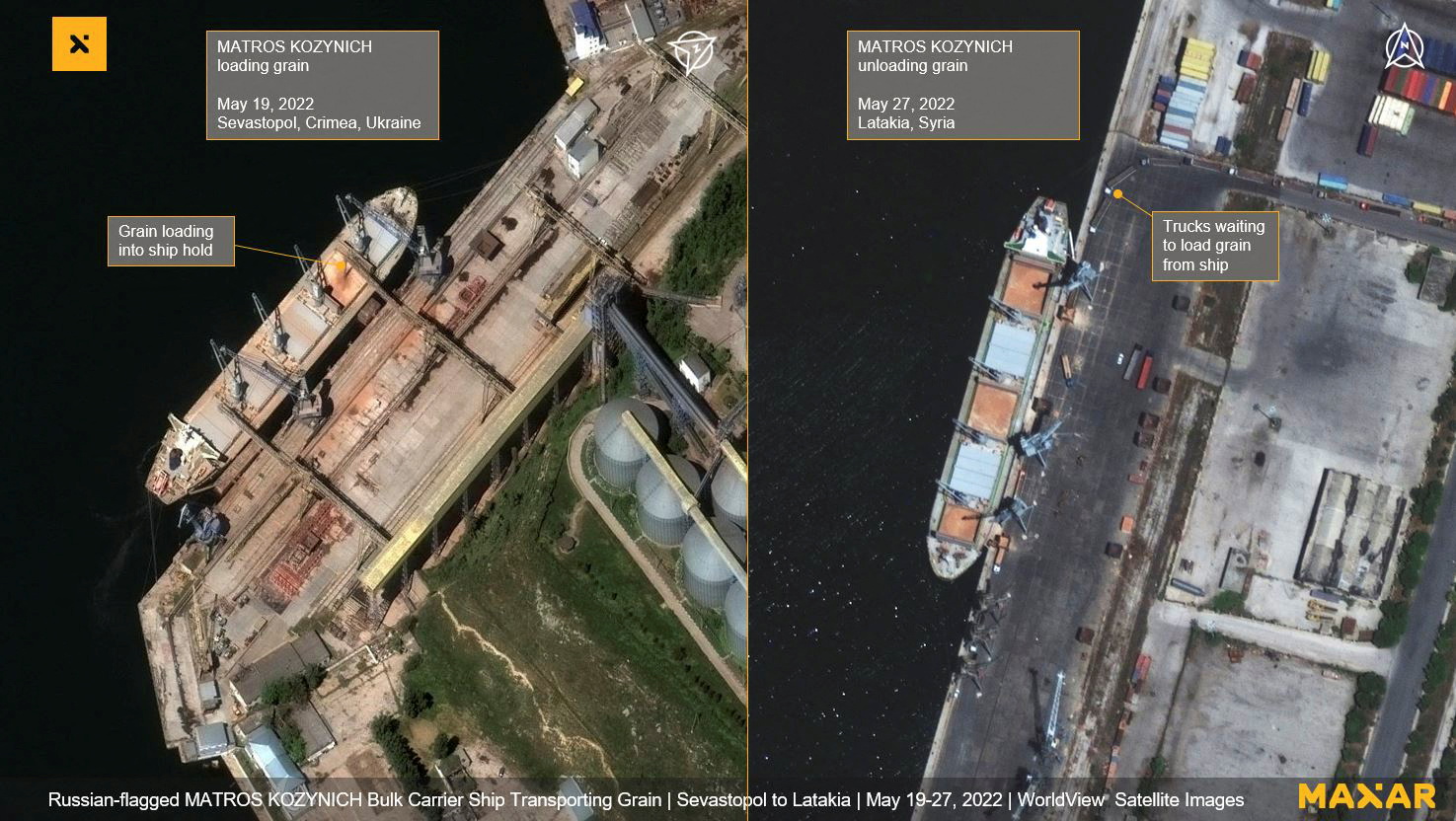 Satellite images show grain being loaded on the Matros Pozynich in Sevastopol and unloaded in Latakia