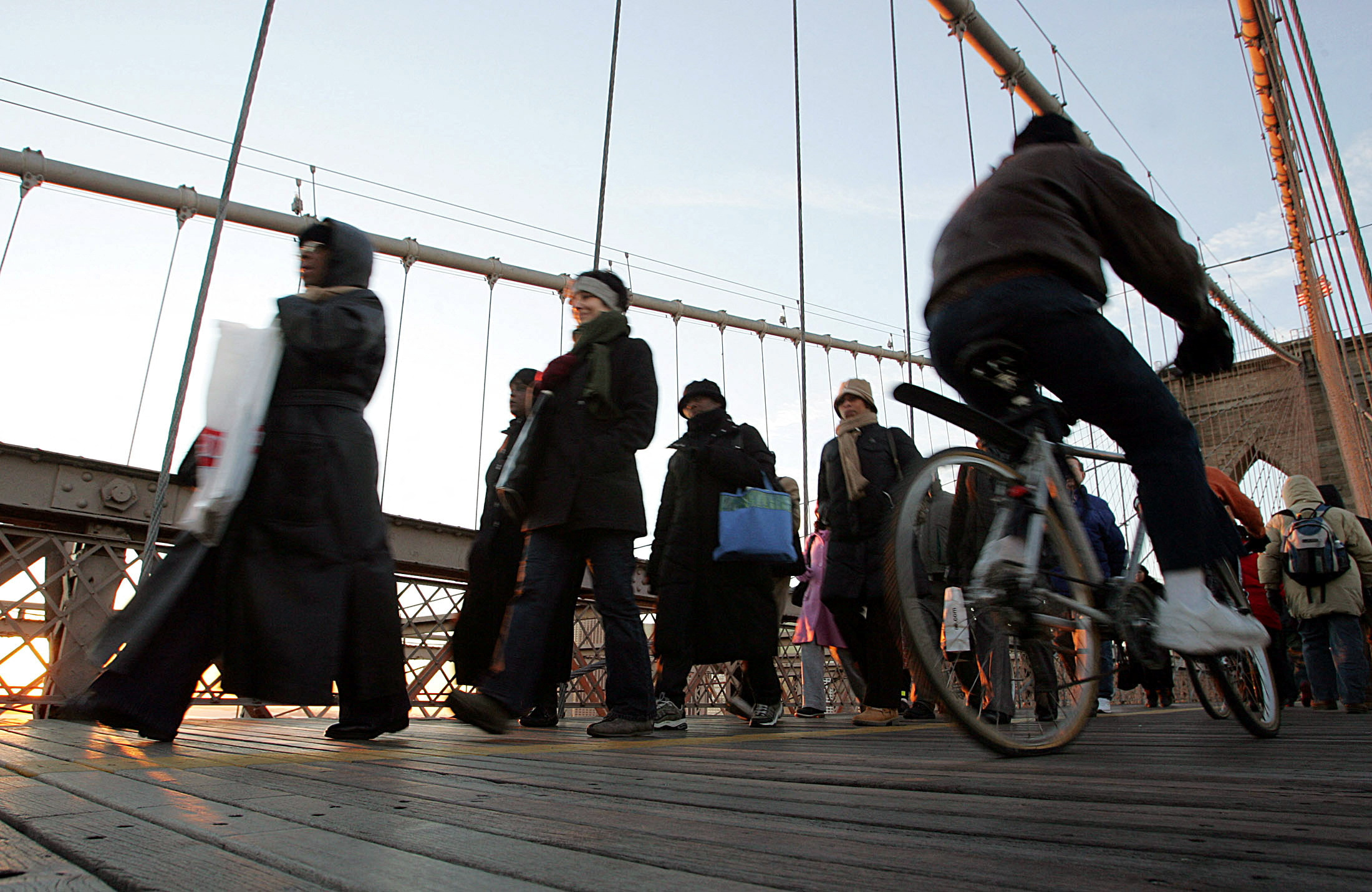 Commuters pack the Brooklyn Bridge during the evening rush hour in New York