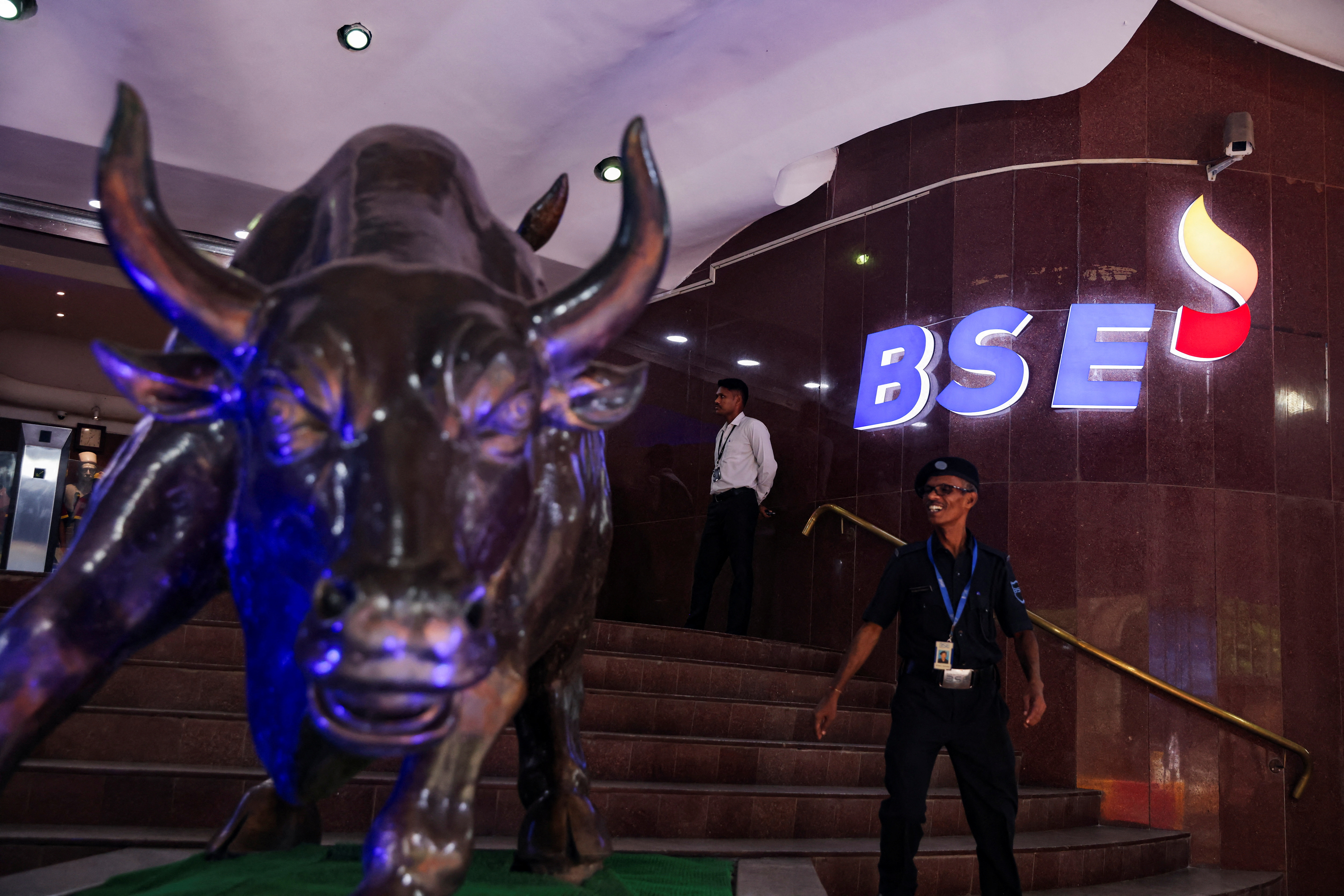 The new logo of the Bombay Stock Exchange (BSE) building is seen in Mumbai