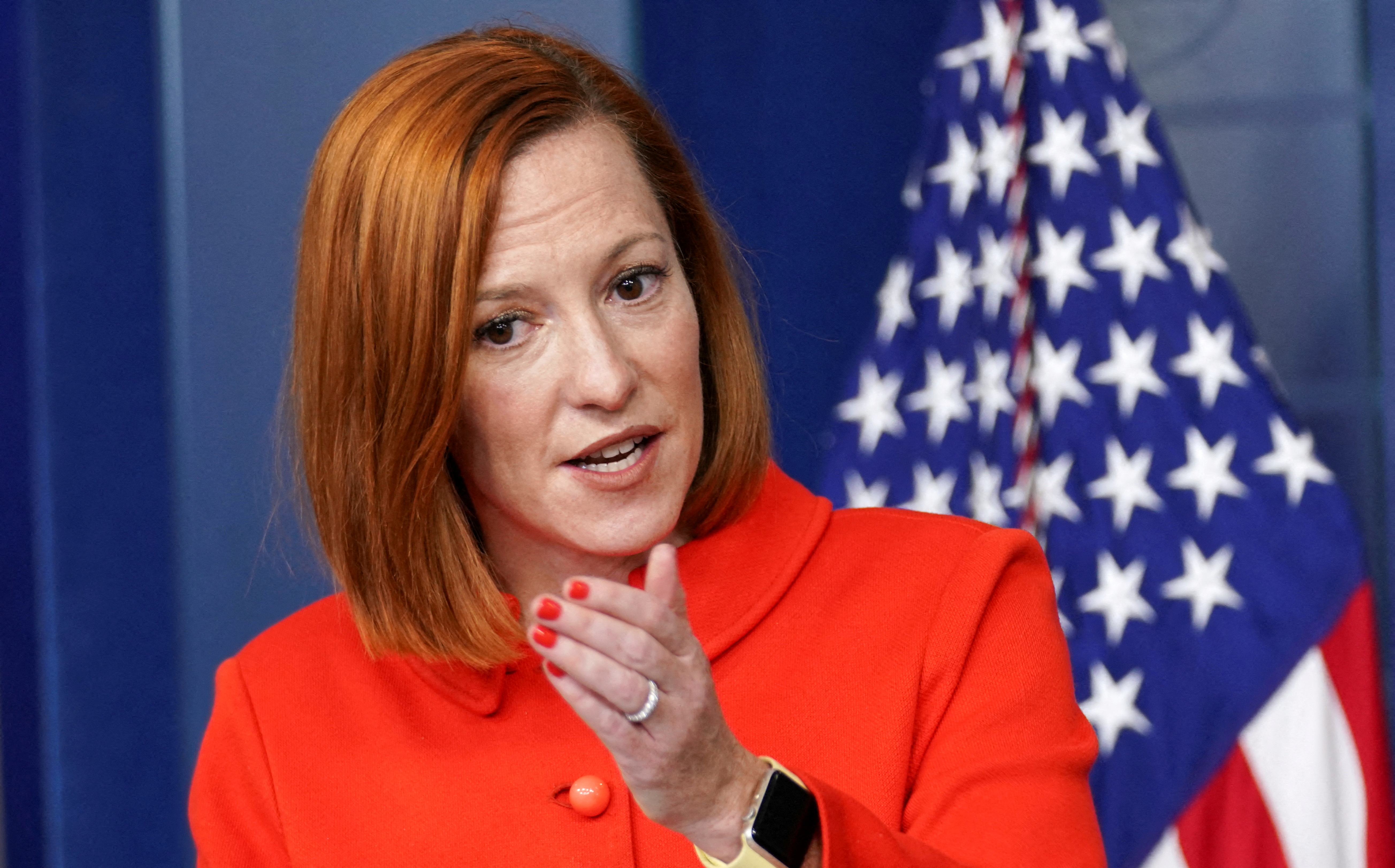 U.S. White House press secretary Jen Psaki speaks during a press briefing at the White House in Washington, U.S., Dec. 20, 2021. REUTERS/Kevin Lamarque