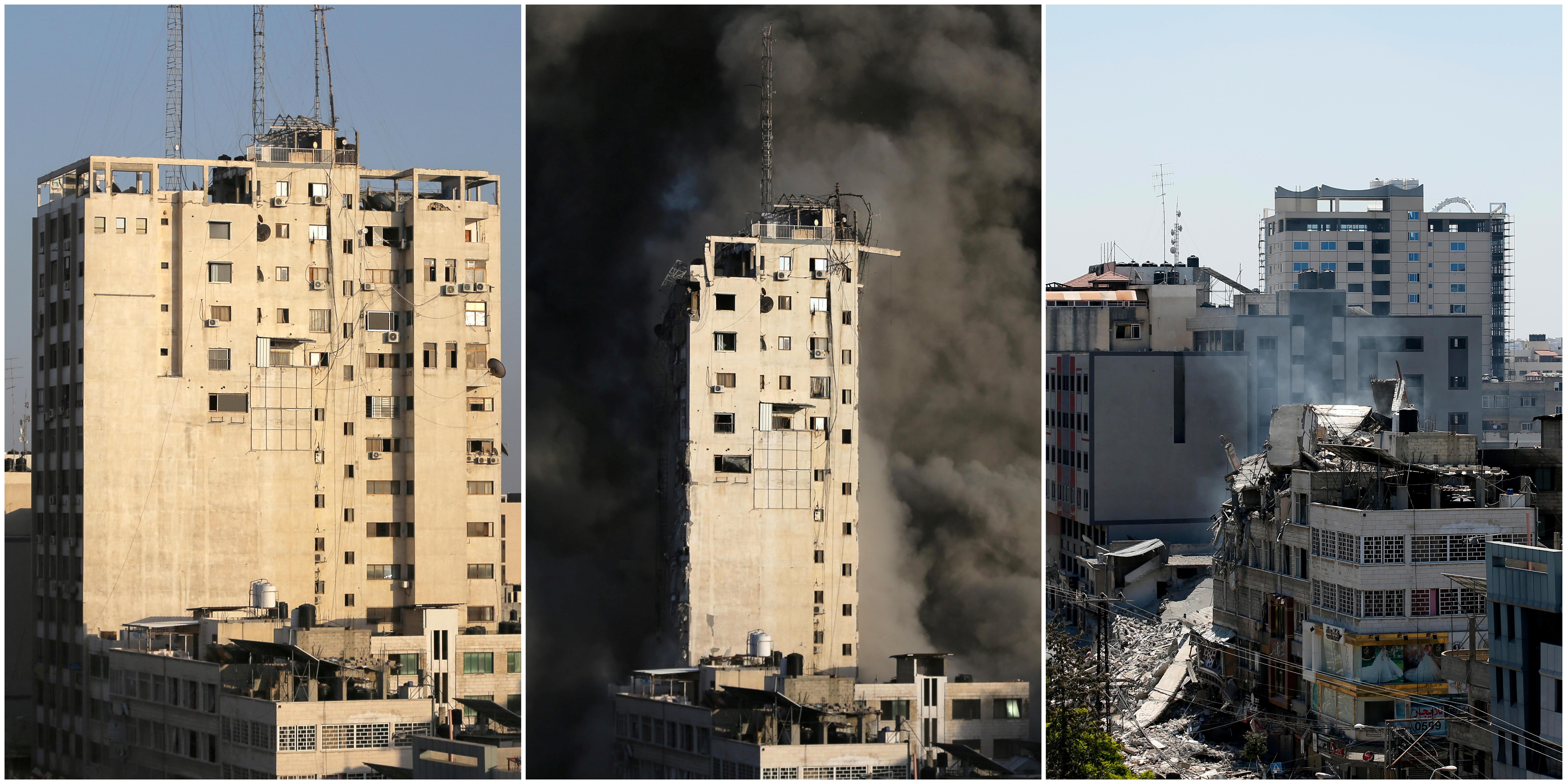 Combination picture shows a tower building before and after it was destroyed by Israeli air strikes in Gaza