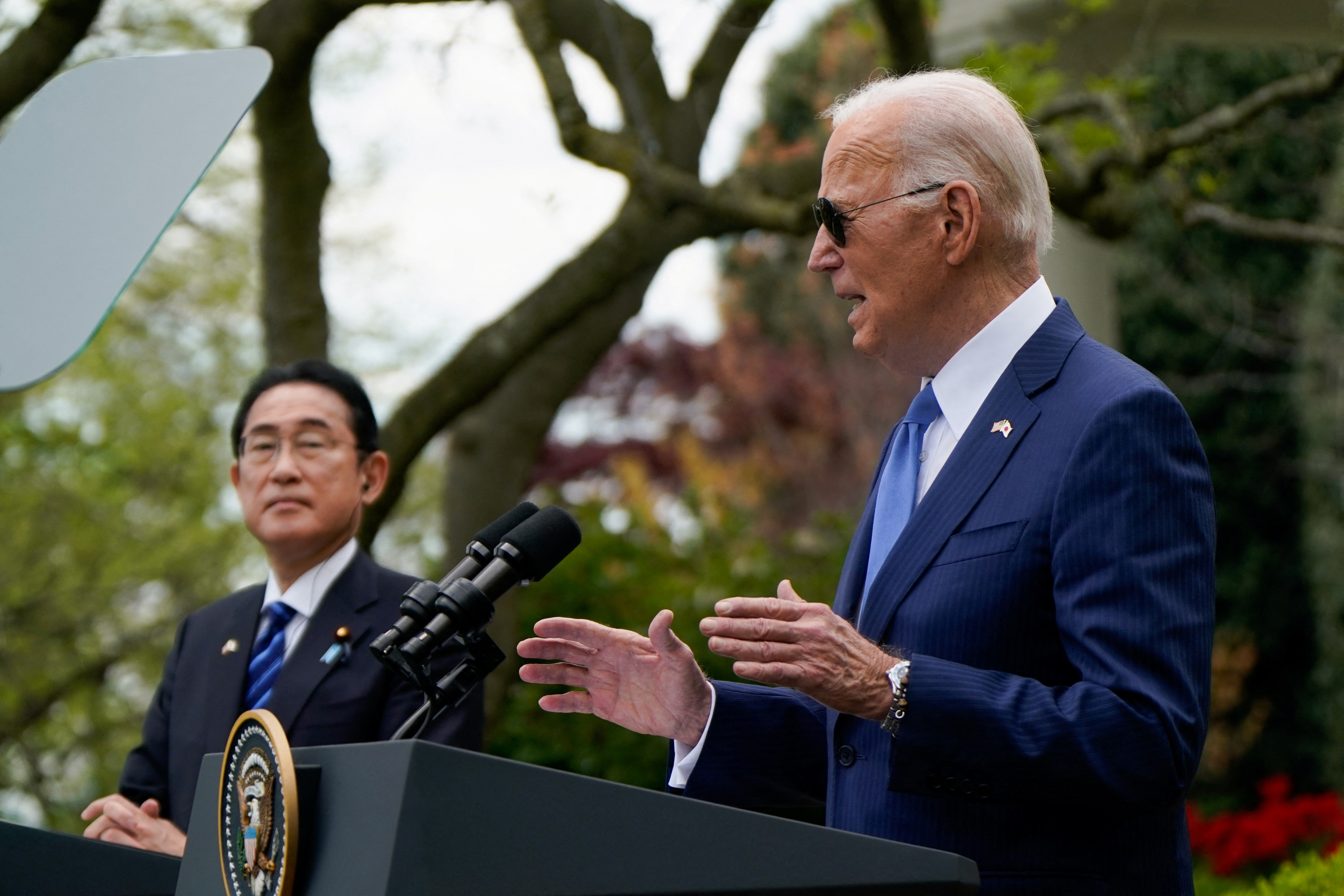 U.S. President Joe Biden and Japanese PM Fumio Kishida hold a joint press conference in the Rose Garden at the White House in Washington