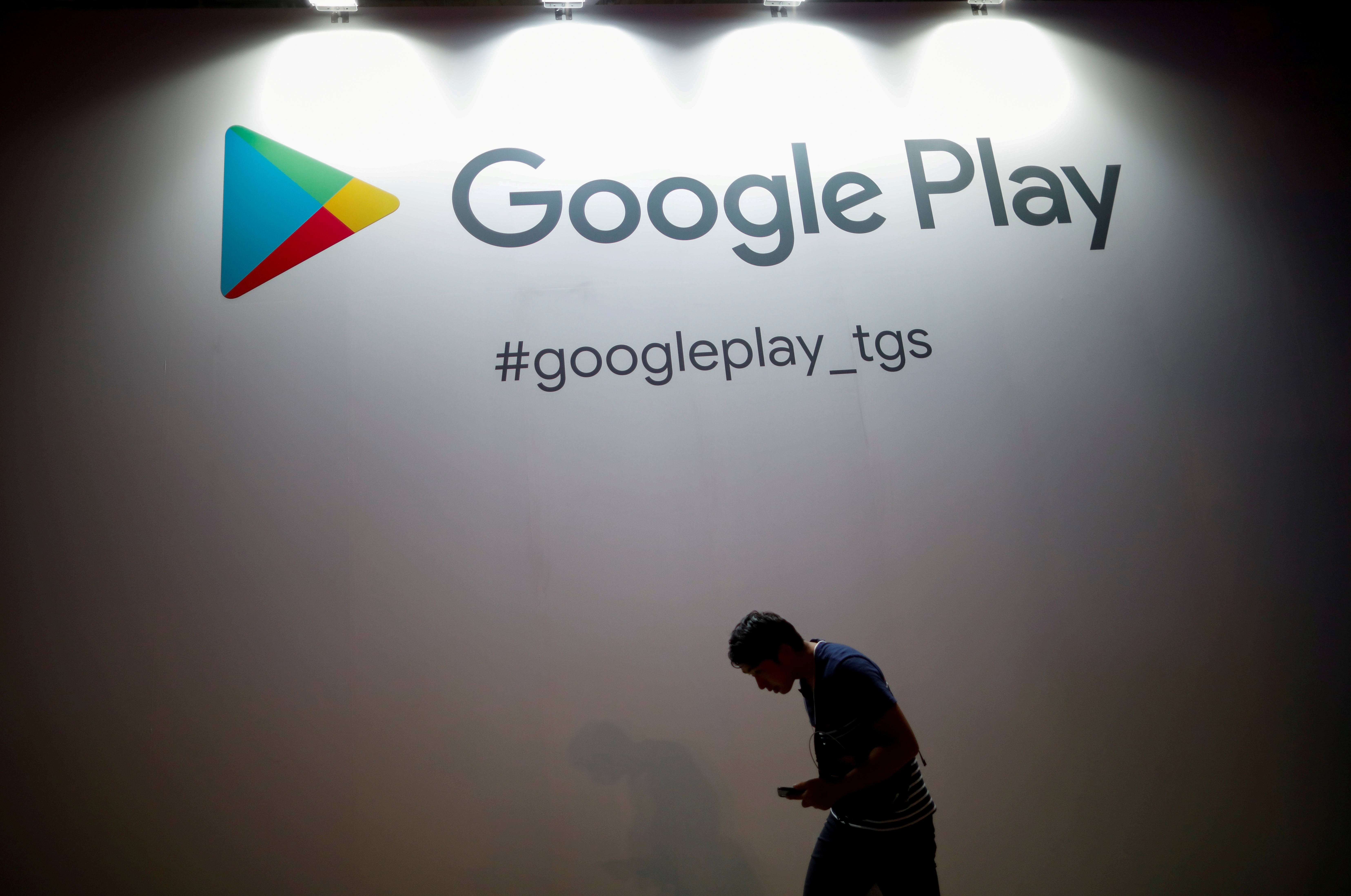 The logo of Google Play is displayed at Tokyo Game Show 2019 in Chiba