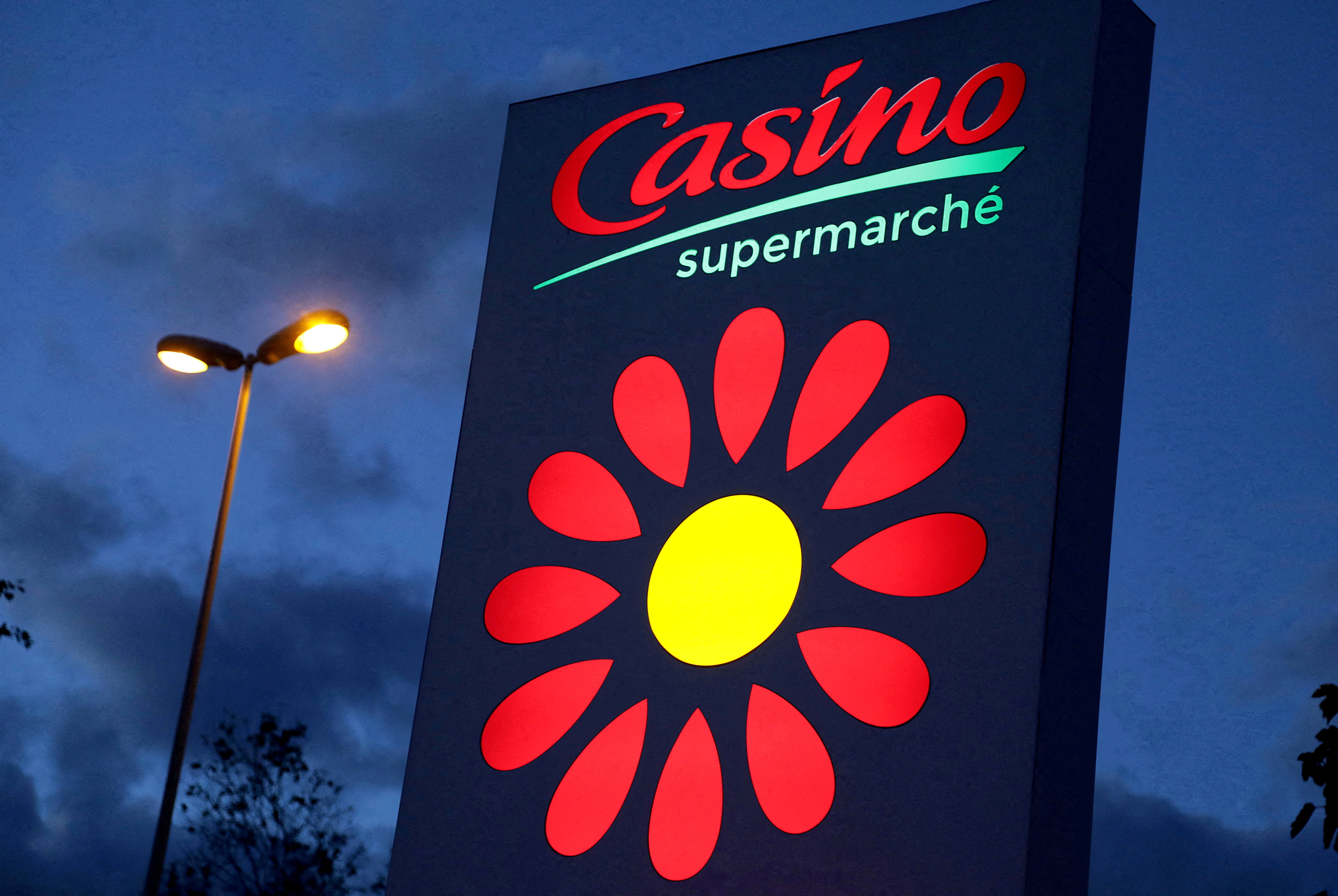 The logo of Casino supermarket is pictured in Cannes