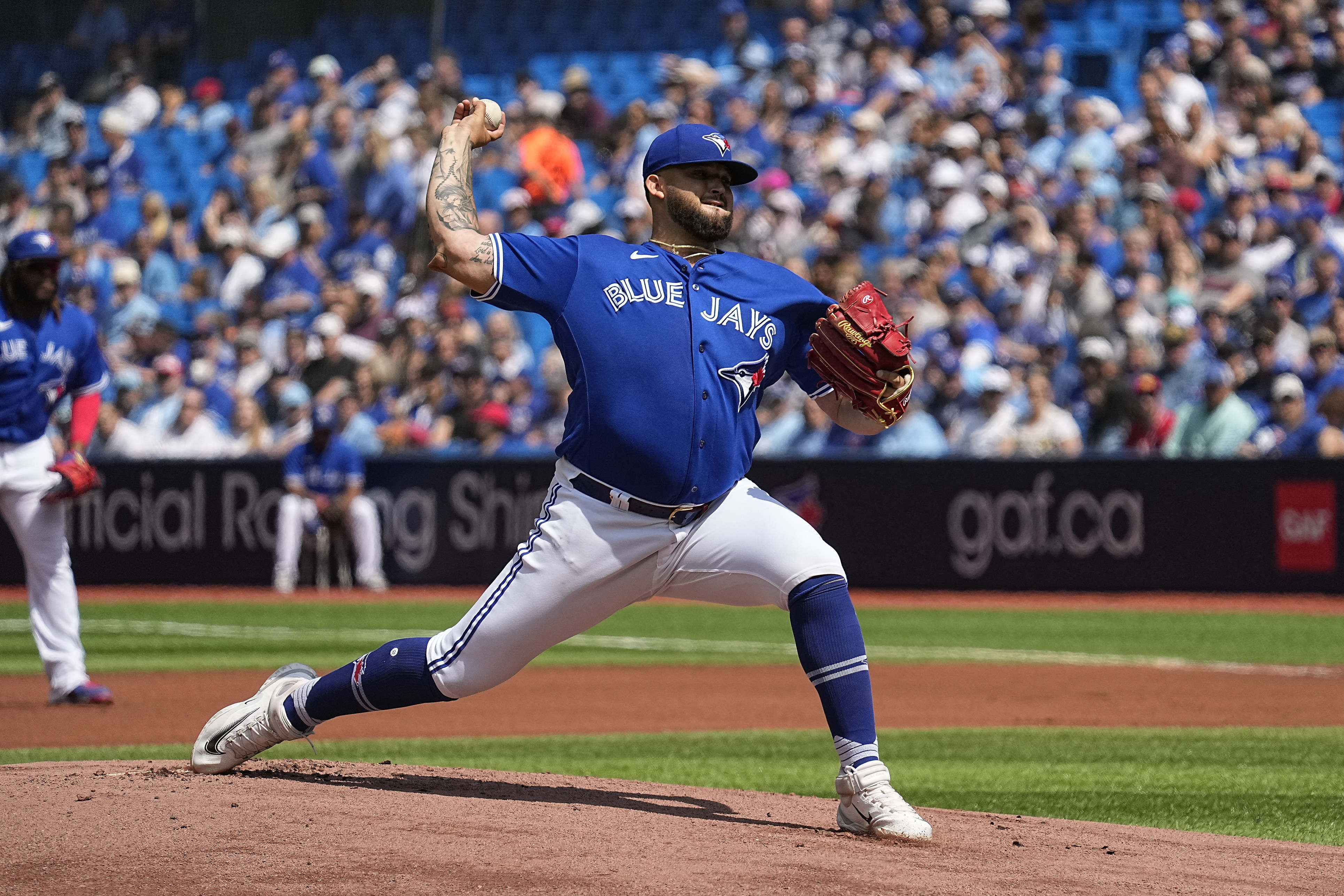 April 14, 2023, TORONTO, ON, CANADA: Tampa Bay Rays' Wander Franco (5)  walks off the field after flying out during eighth inning MLB baseball  action against the Toronto Blue Jays, in Toronto