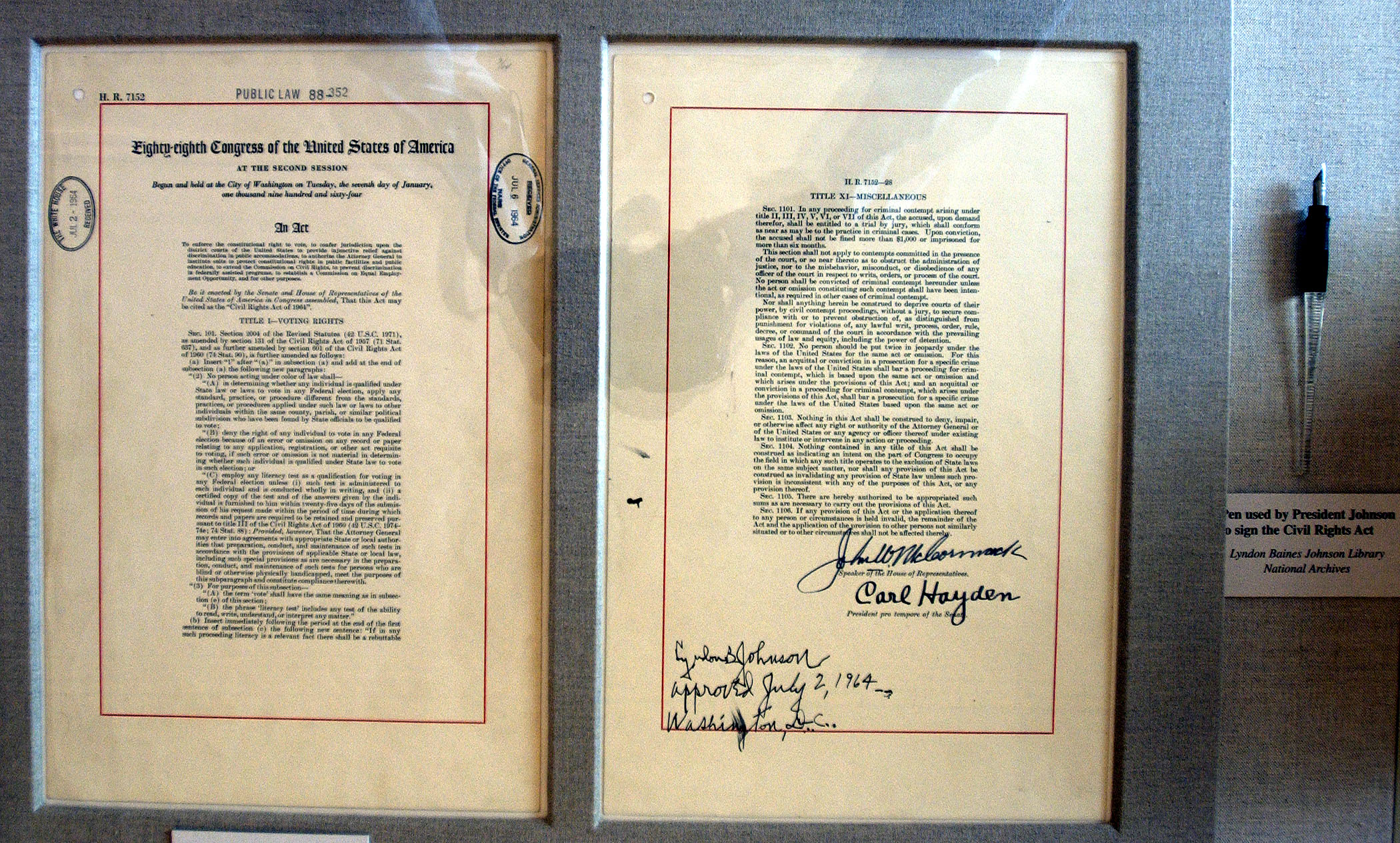 CIVIL RIGHTS DOCUMENT ON DISPLAY AT WHITE HOUSE.