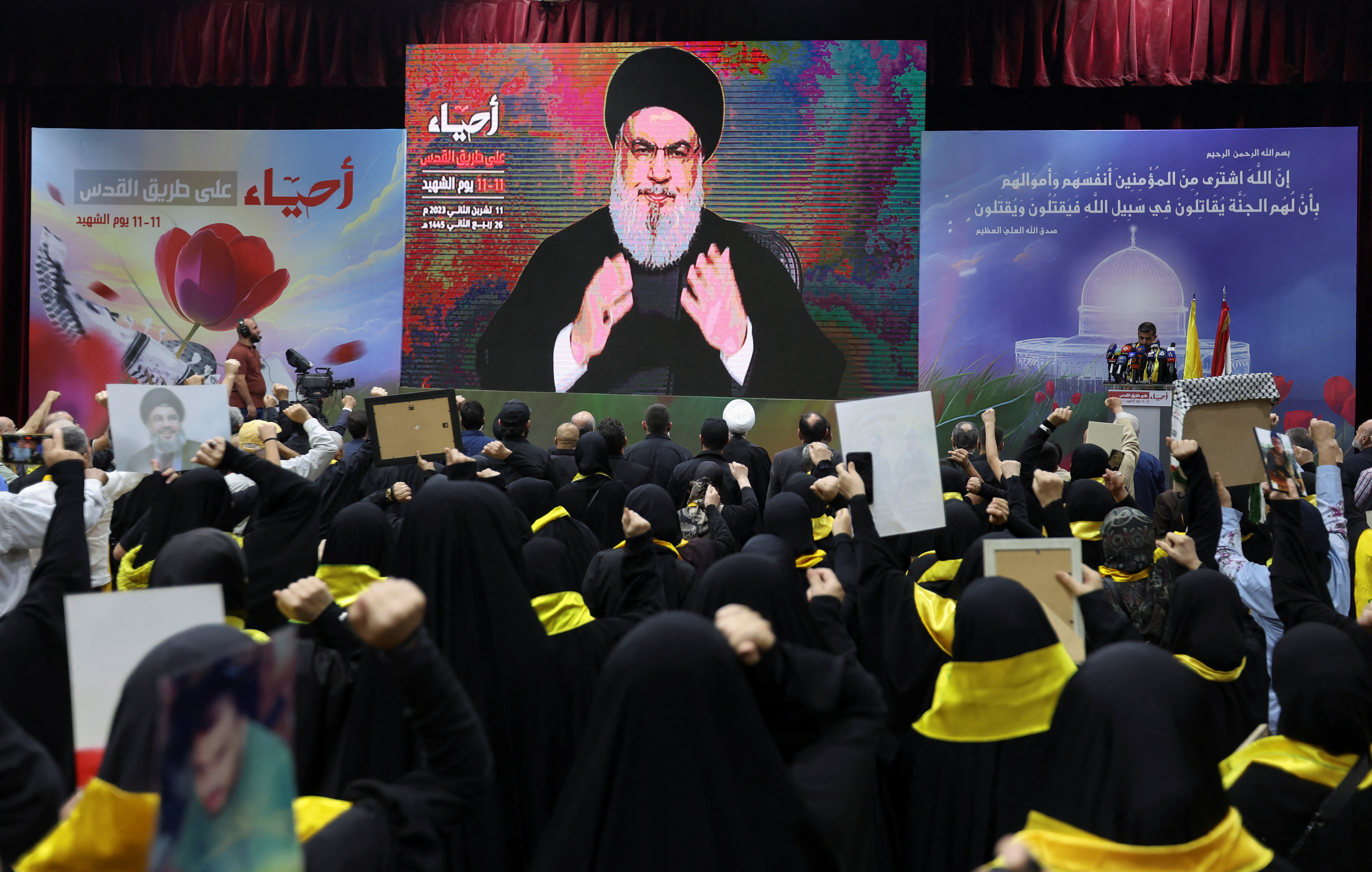 Lebanon's Hezbollah leader Sayyed Hassan Nasrallah addresses his supporters, in Beirut