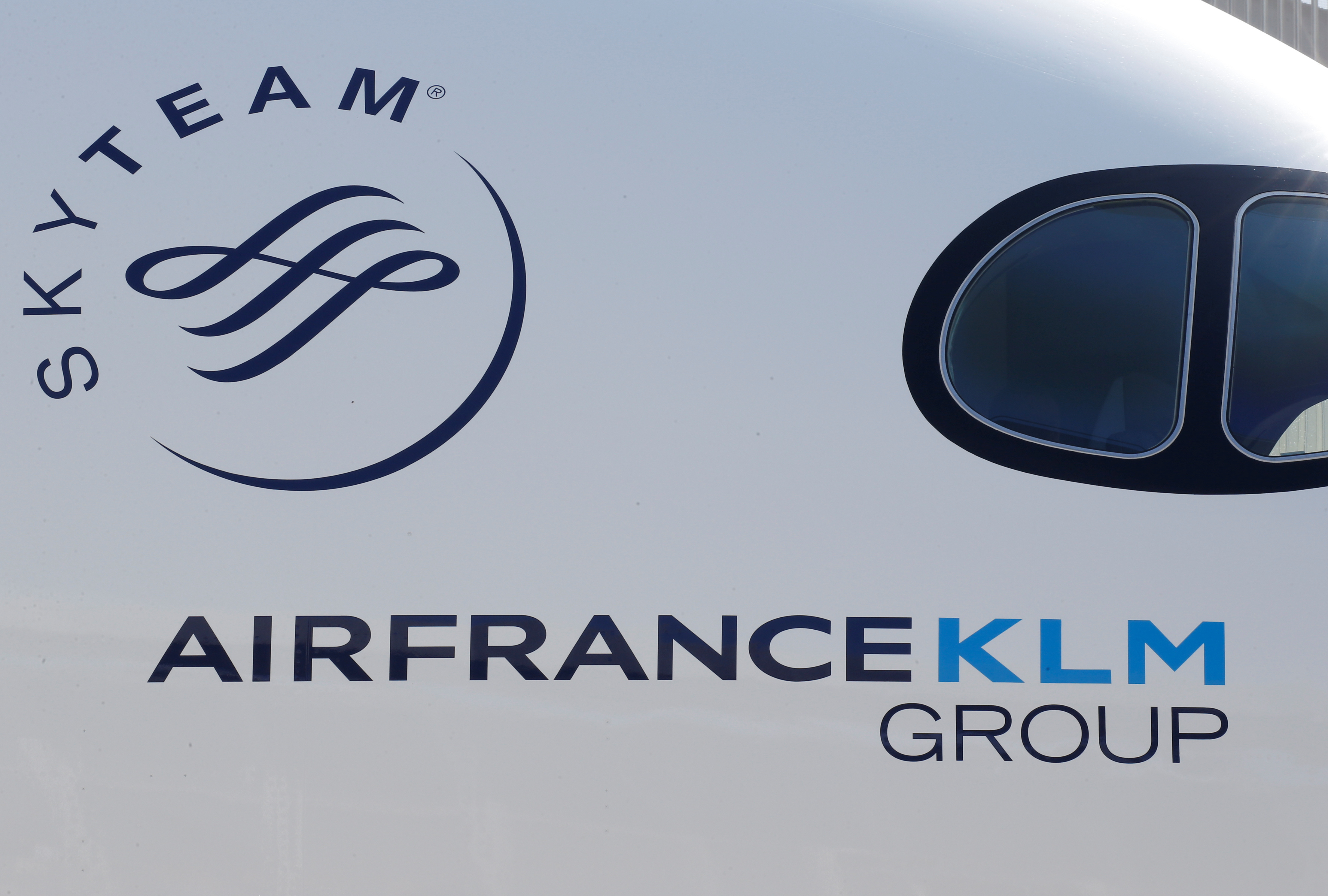 Logo of Air France KLM Group is pictured on the first Air France airliner's Airbus A350 during a ceremony at the aircraft builder's headquarters of Airbus in Colomiers