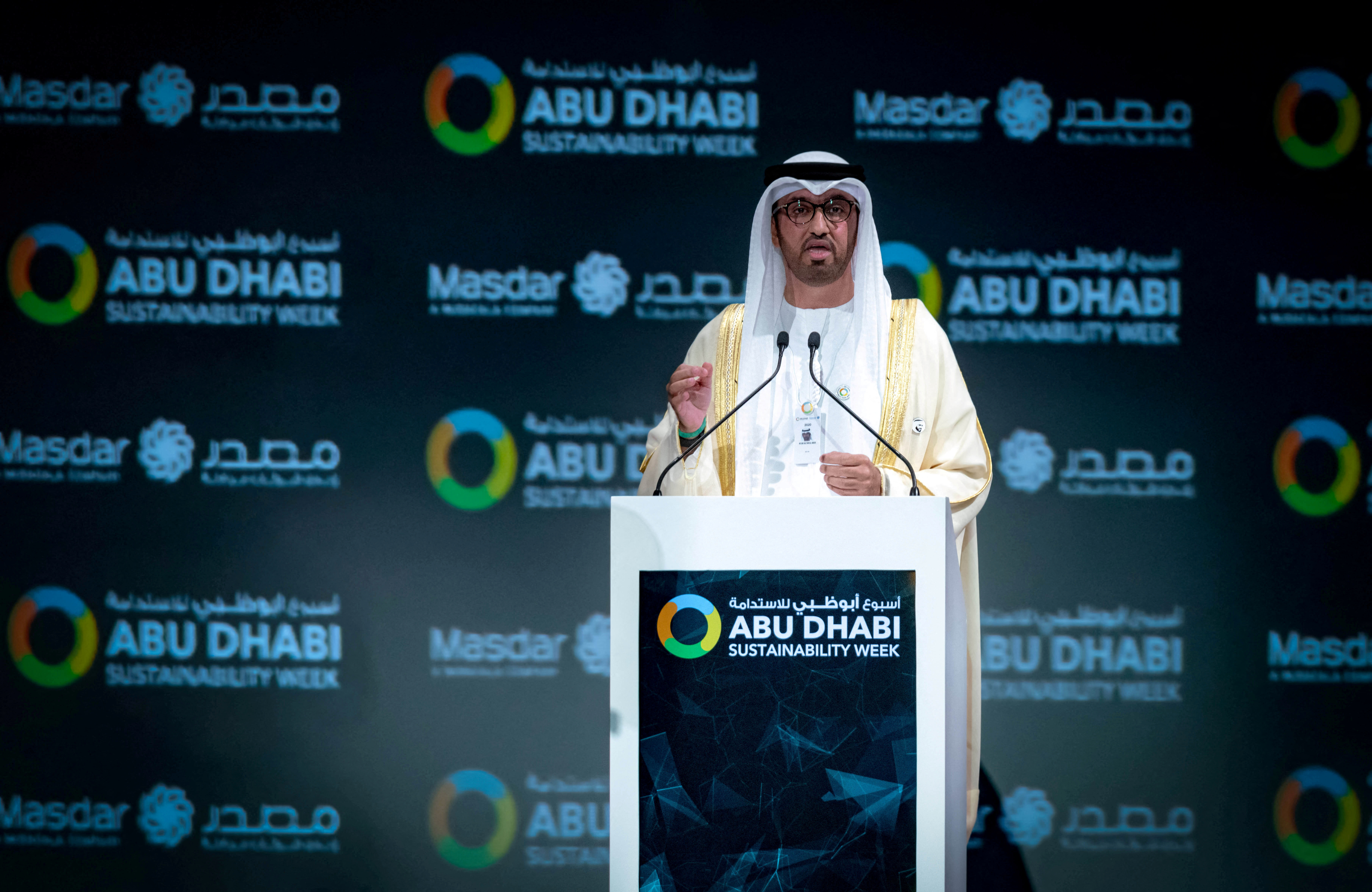 Sultan Ahmed Al Jaber, UAE Minister of State and the Abu Dhabi National Oil Company (ADNOC) Group CEO, speaks the opening ceremony of the World Future Energy Summit in Abu Dhabi