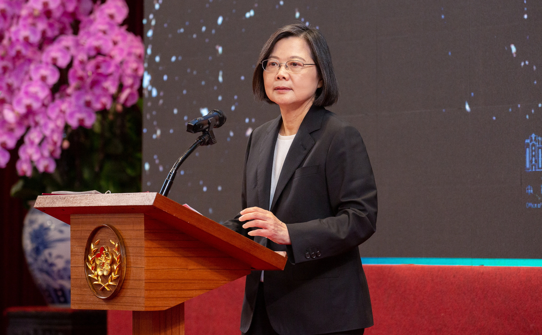 President Tsai Ing-wen of Taiwan delivers a speech on the 7th anniversary of her inauguration in Taipei