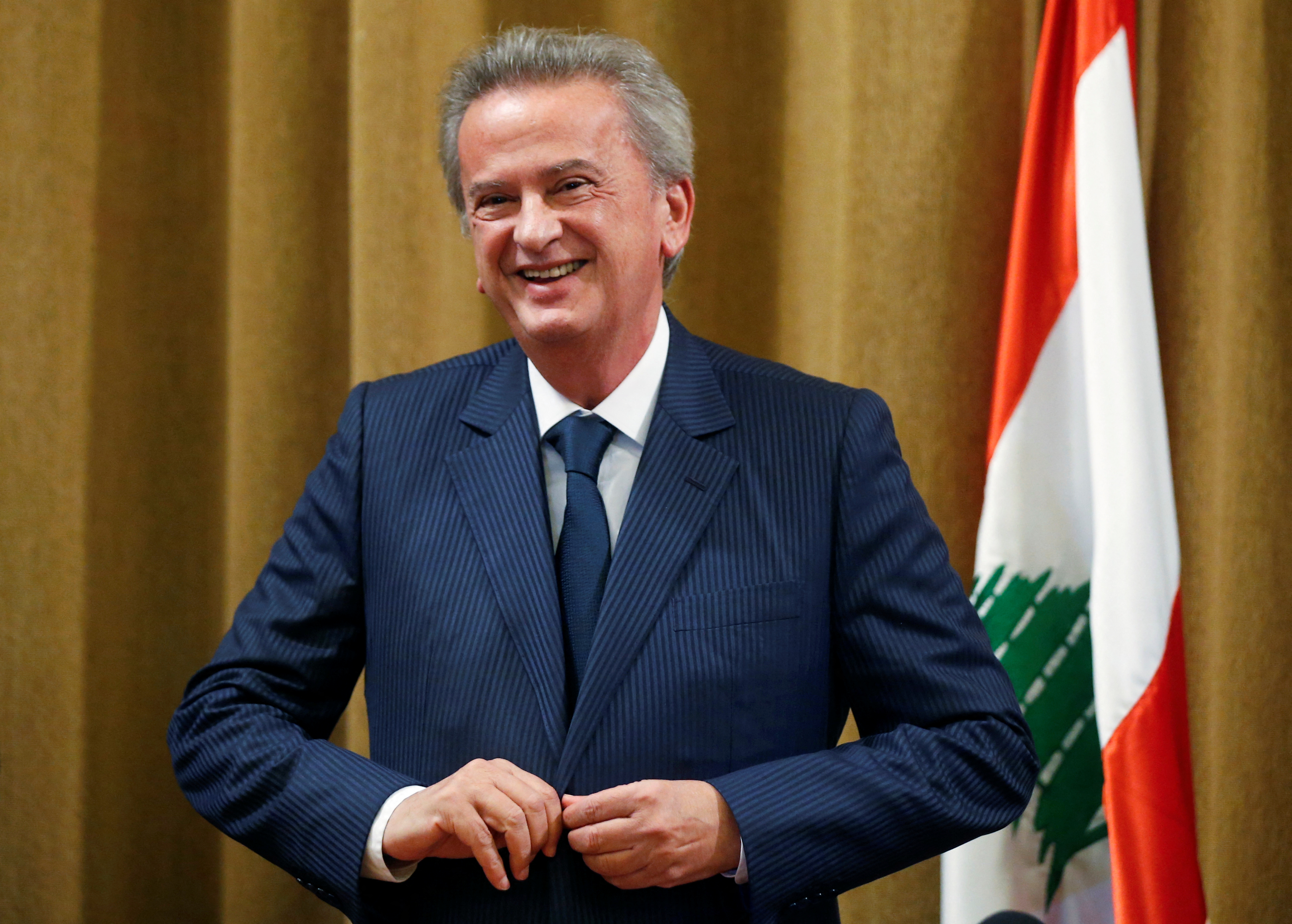 Lebanon's Central Bank Governor Riad Salameh reacts after a news conference at Central Bank in Beirut