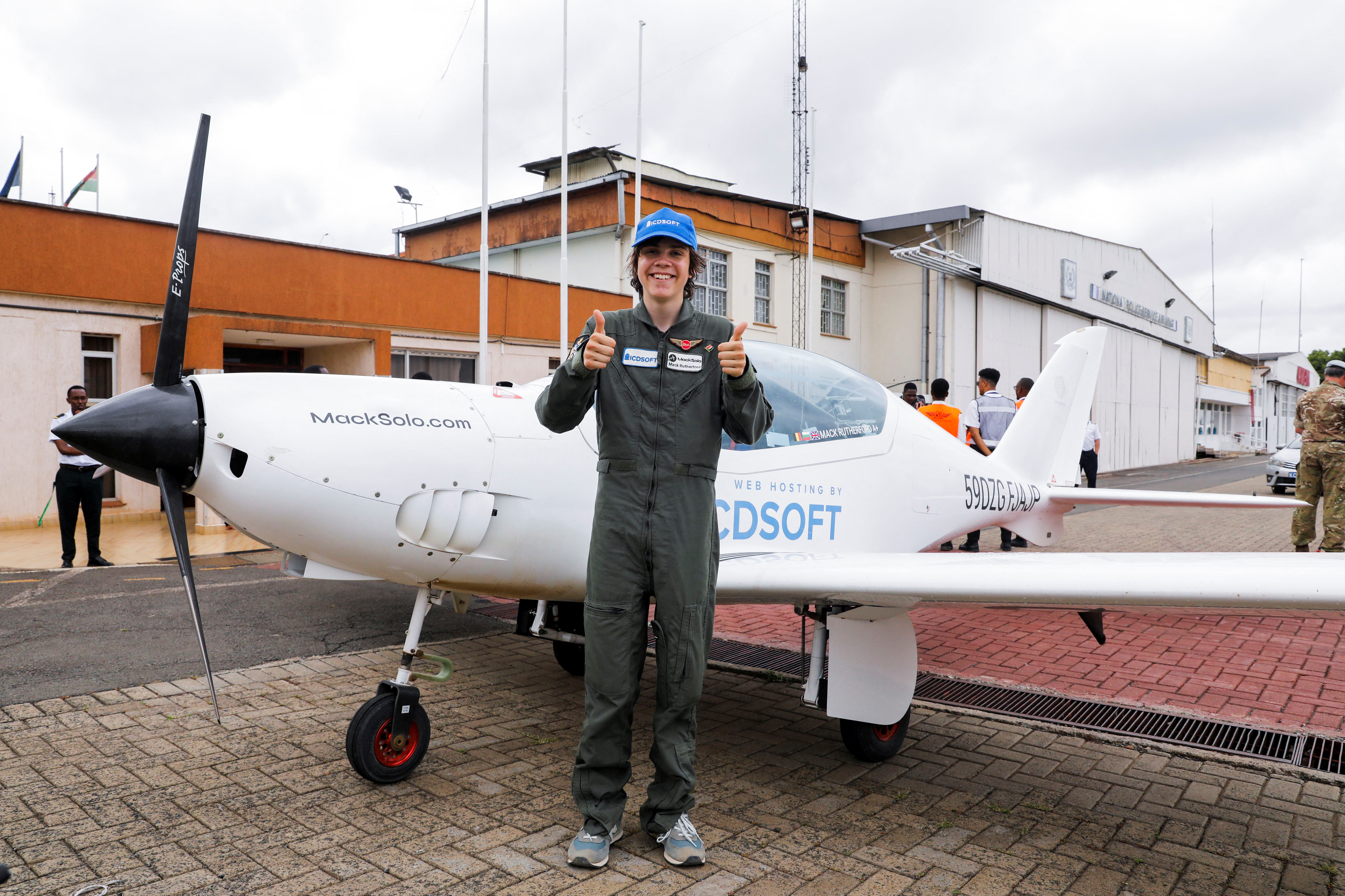 pMack Rutherford, a 16-year-old British-Belgian pilot, poses for a photo after arriving at the Wilson airport in Nairobi