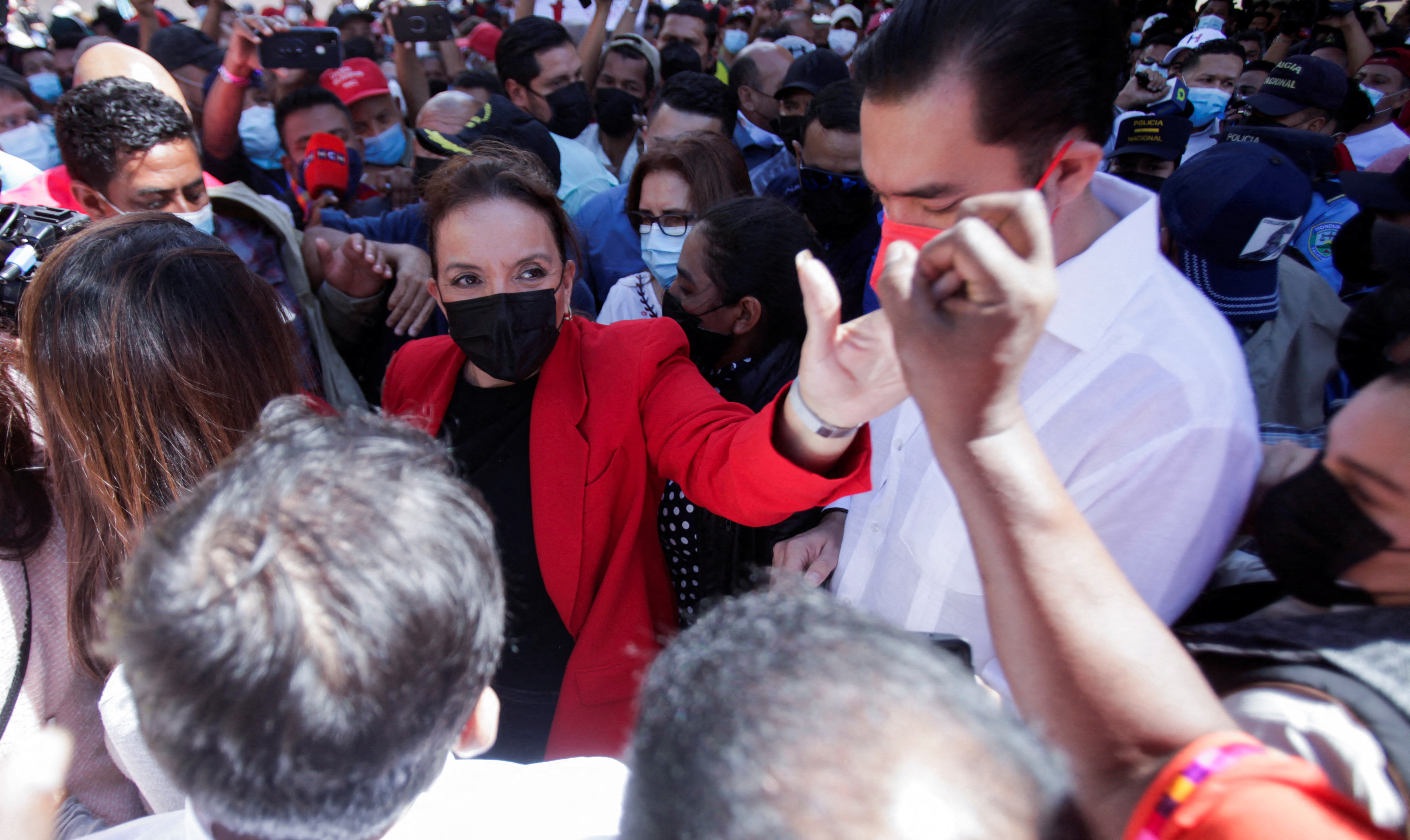 Honduran President-elect Xiomara Castro greets supporters outside the Honduran congress in Tegucigalpa