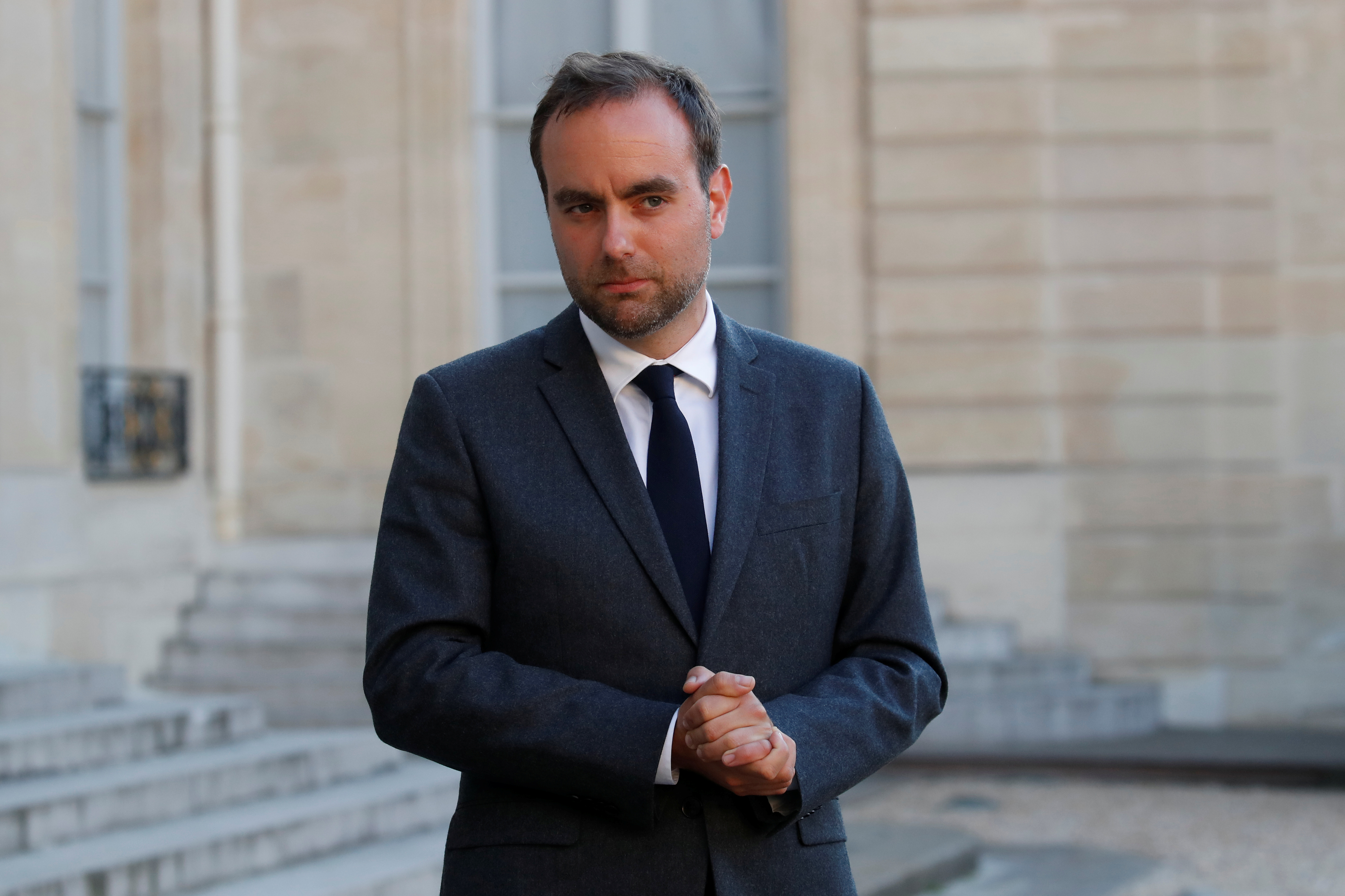 French Minister for Local Authorities Sebastien Lecornu delivers a statement at the Elysee Palace in Paris