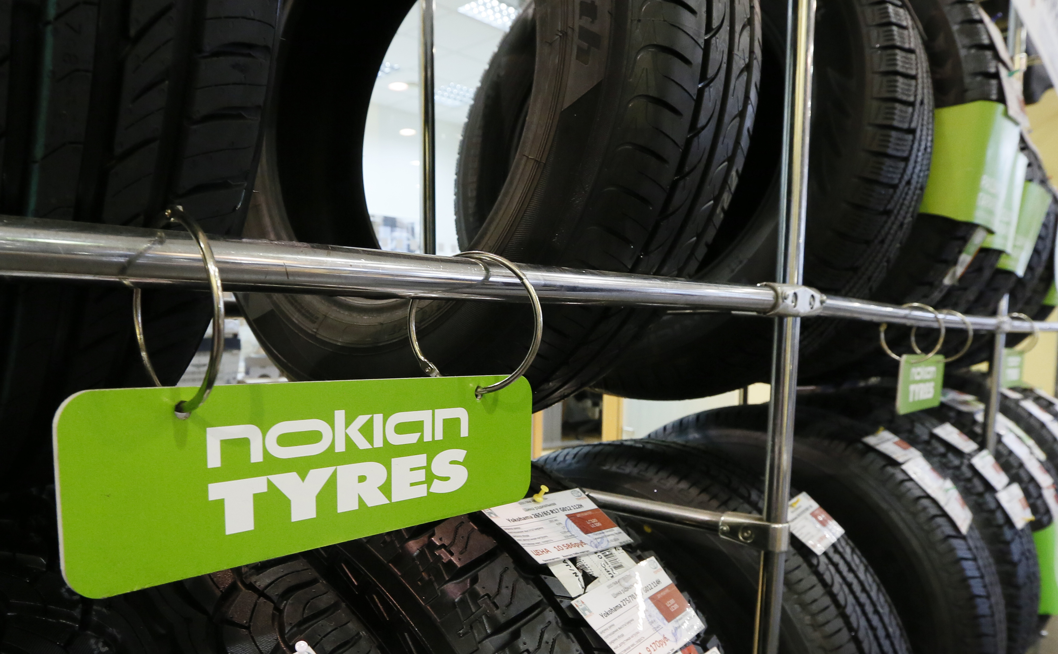 Nokian tyres are pictured on display at the 