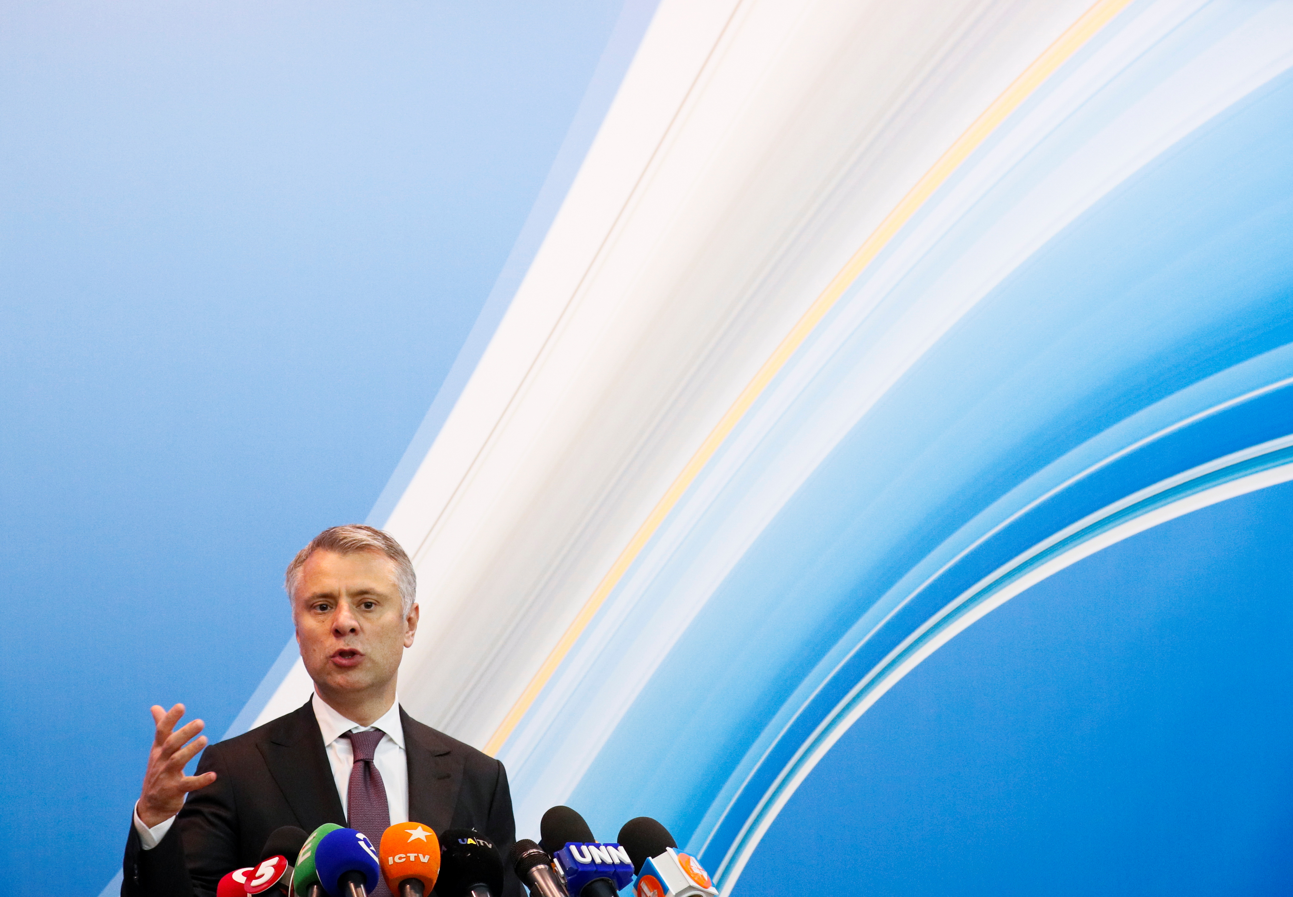 The head of Ukraine's state energy company Naftogaz Vitrenko addresses the media during a news conference in Kyiv