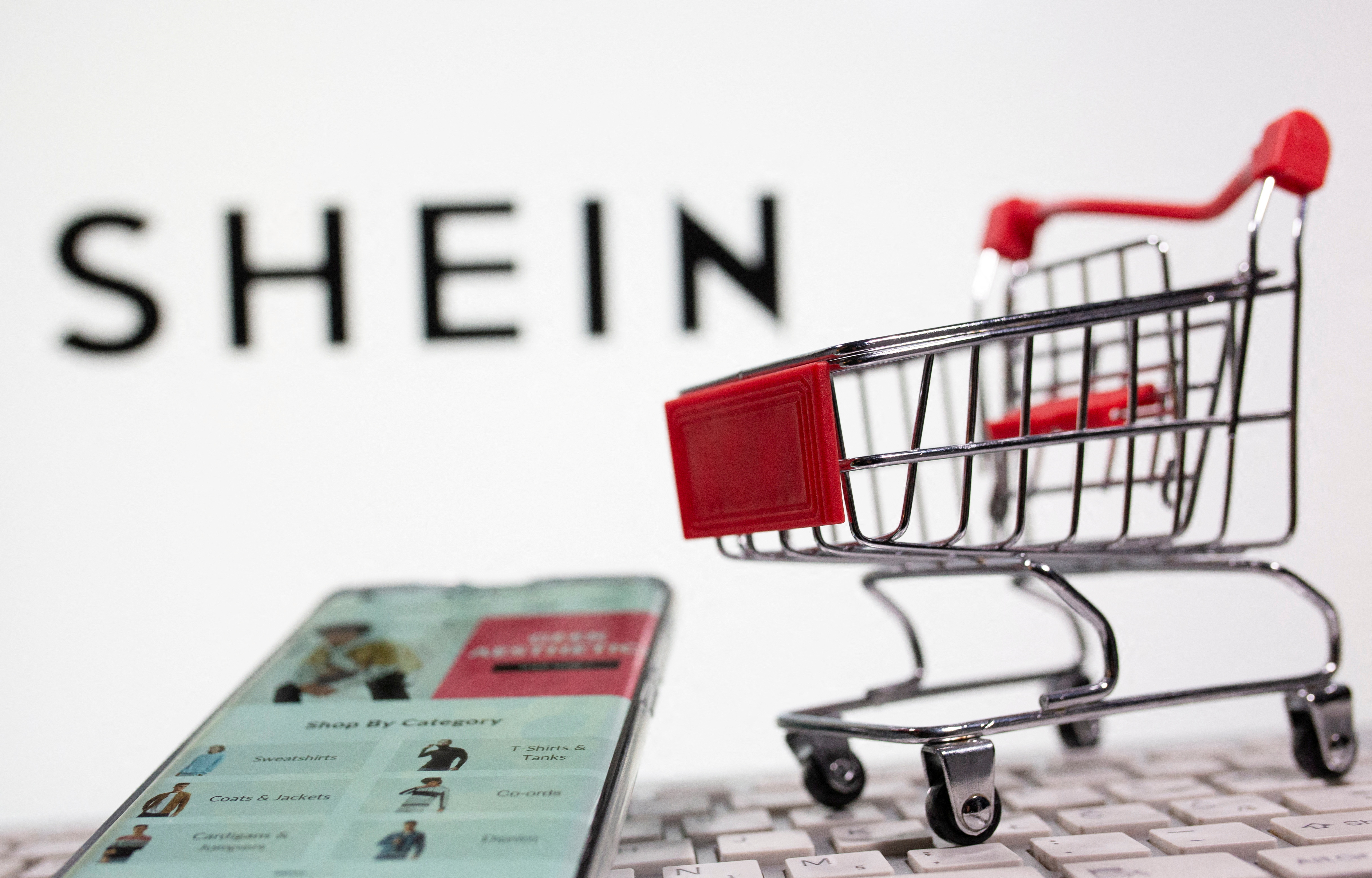 A keyboard and a shopping cart are seen in front of a displayed Shein logo in this illustration picture taken October 13, 2020. REUTERS/Dado Ruvic/Illustration