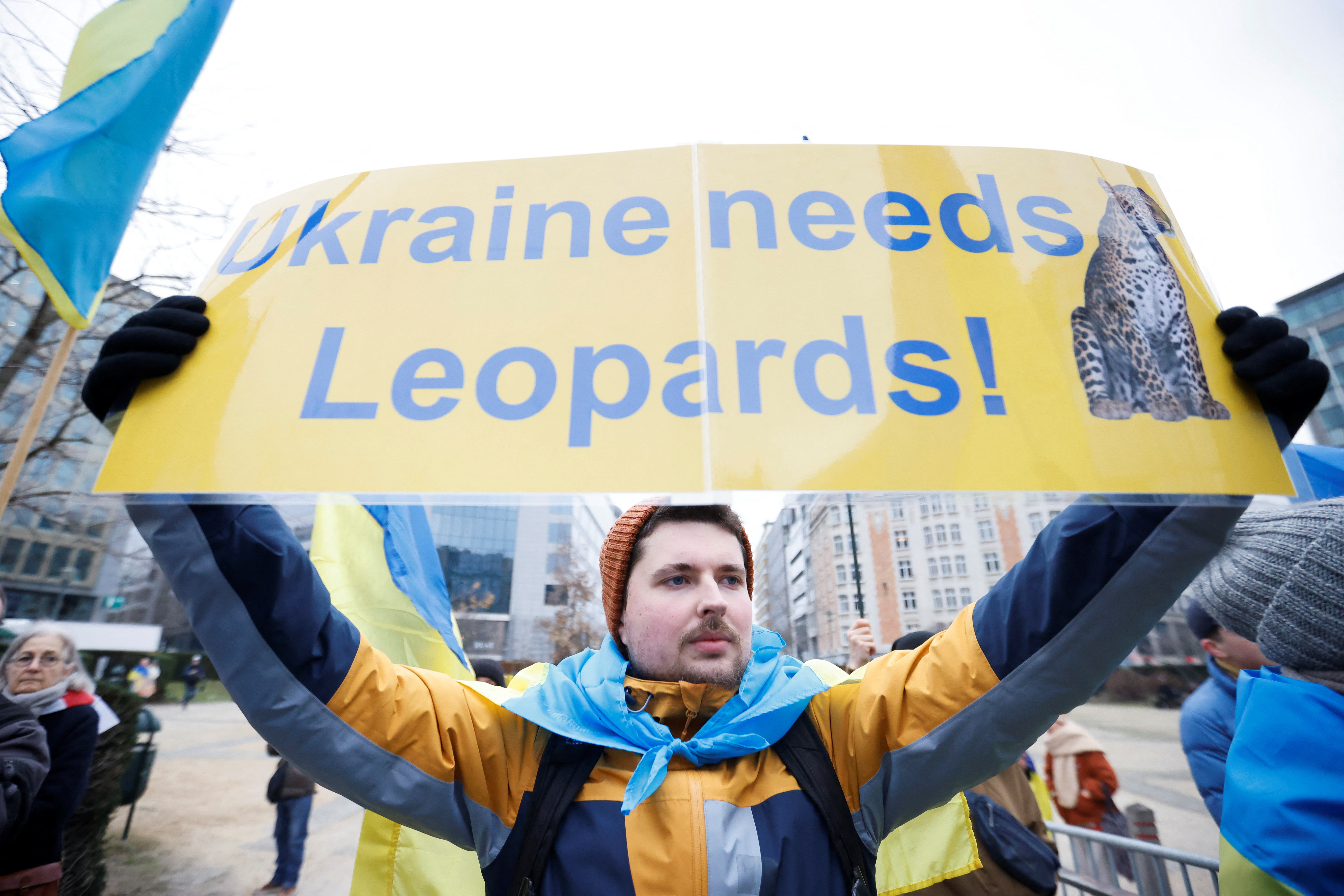 Ukrainian supporters protest during EU foreign ministers' meeting in Brussels