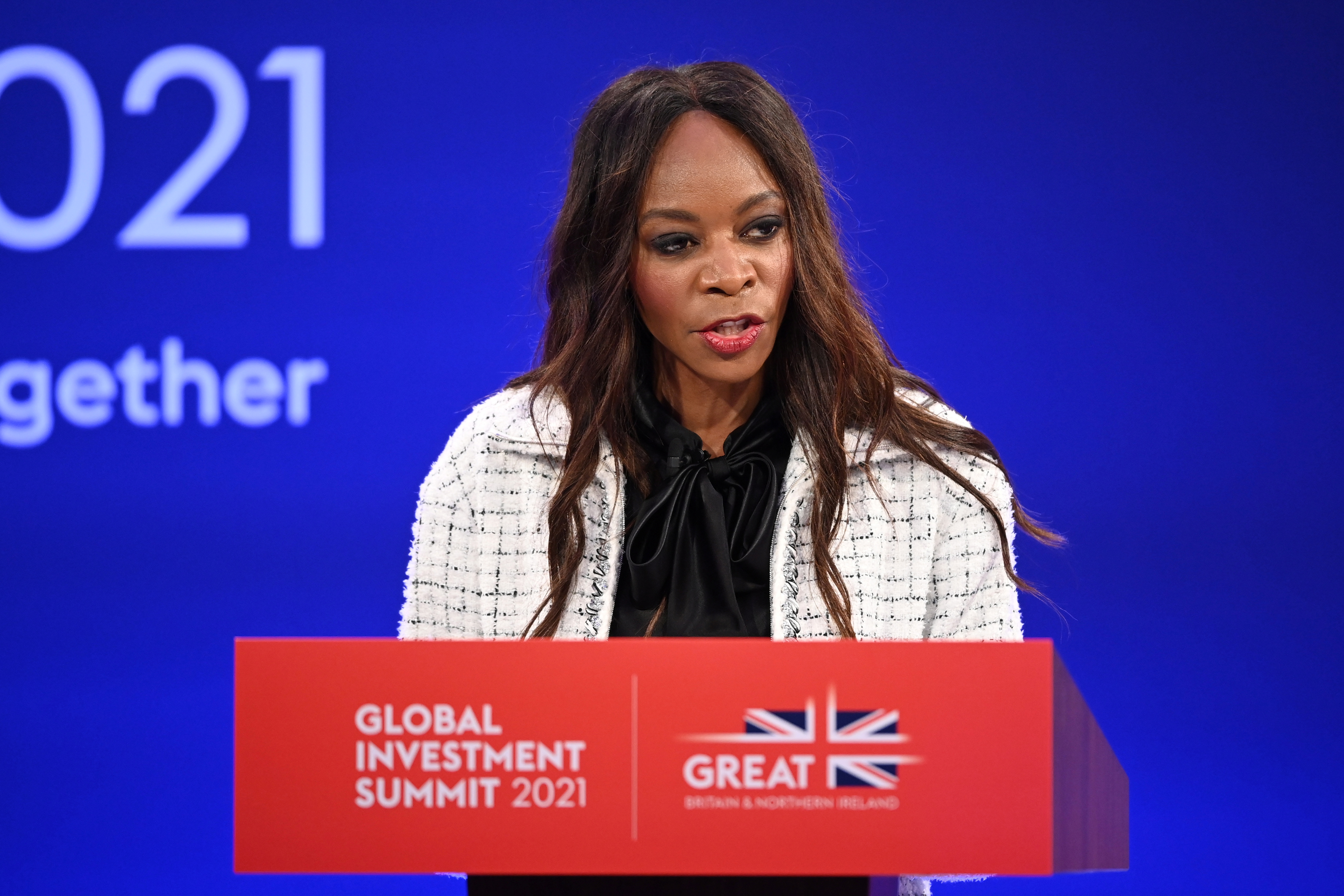 Economist Dambisa Moyo speaks during the Global Investment Summit at the Science Museum, in London, Britain, October 19, 2021. Leon Neal/Pool via REUTERS