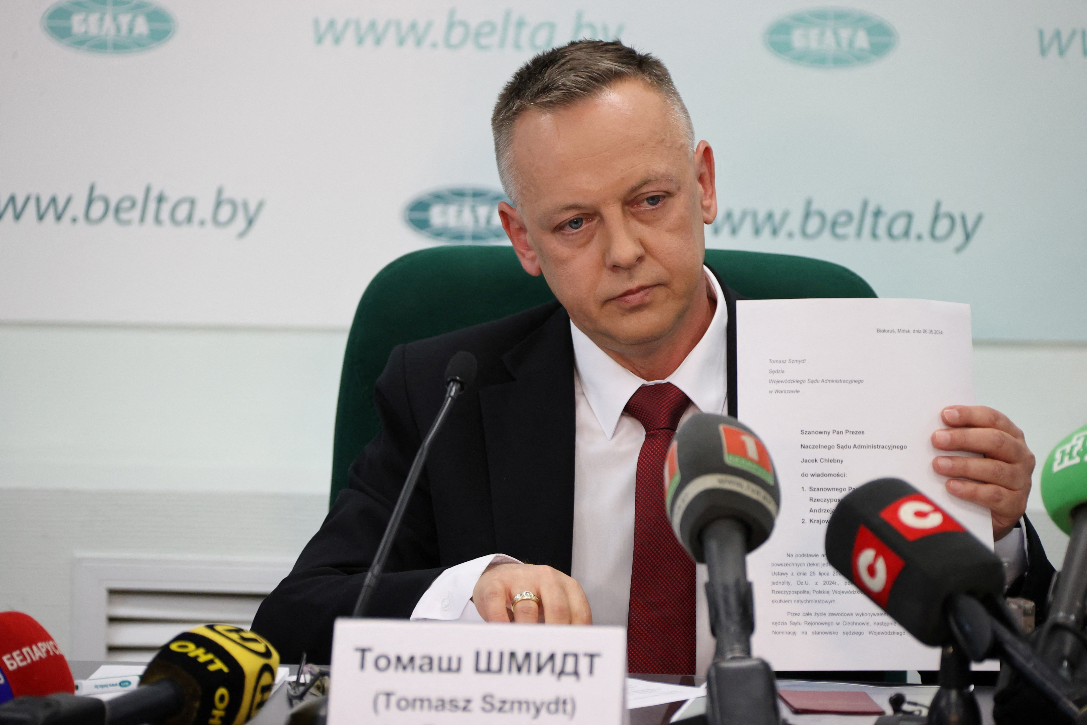 Tomasz Szmydt, a Polish judge who requested political asylum in Belarus, attends a press conference in Minsk