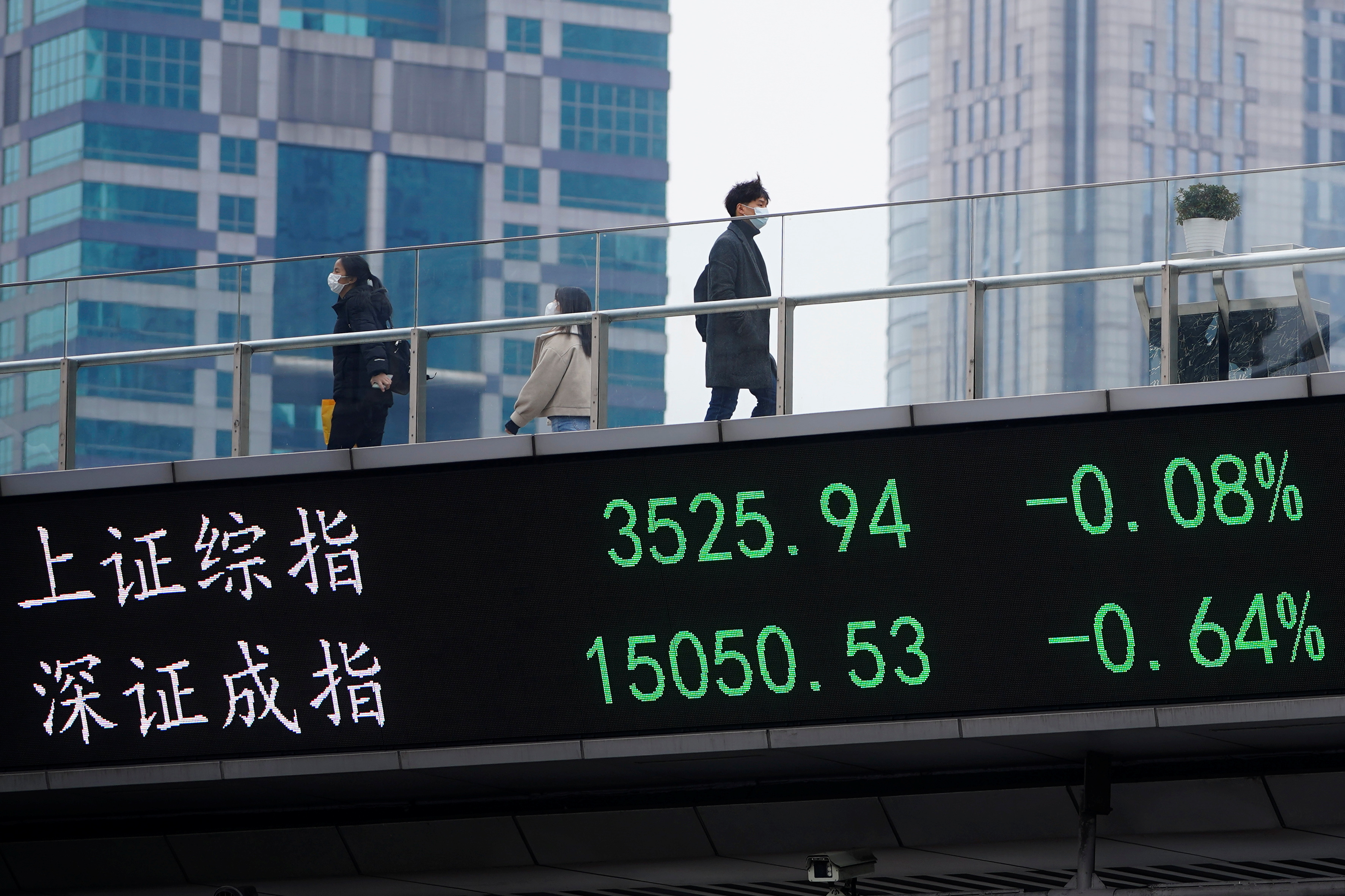 People wearing masks, following the coronavirus disease (COVID-19) outbreak, walk on an overpass with an electronic board showing Shanghai and Shenzhen stock indexes, at the Lujiazui financial district in Shanghai