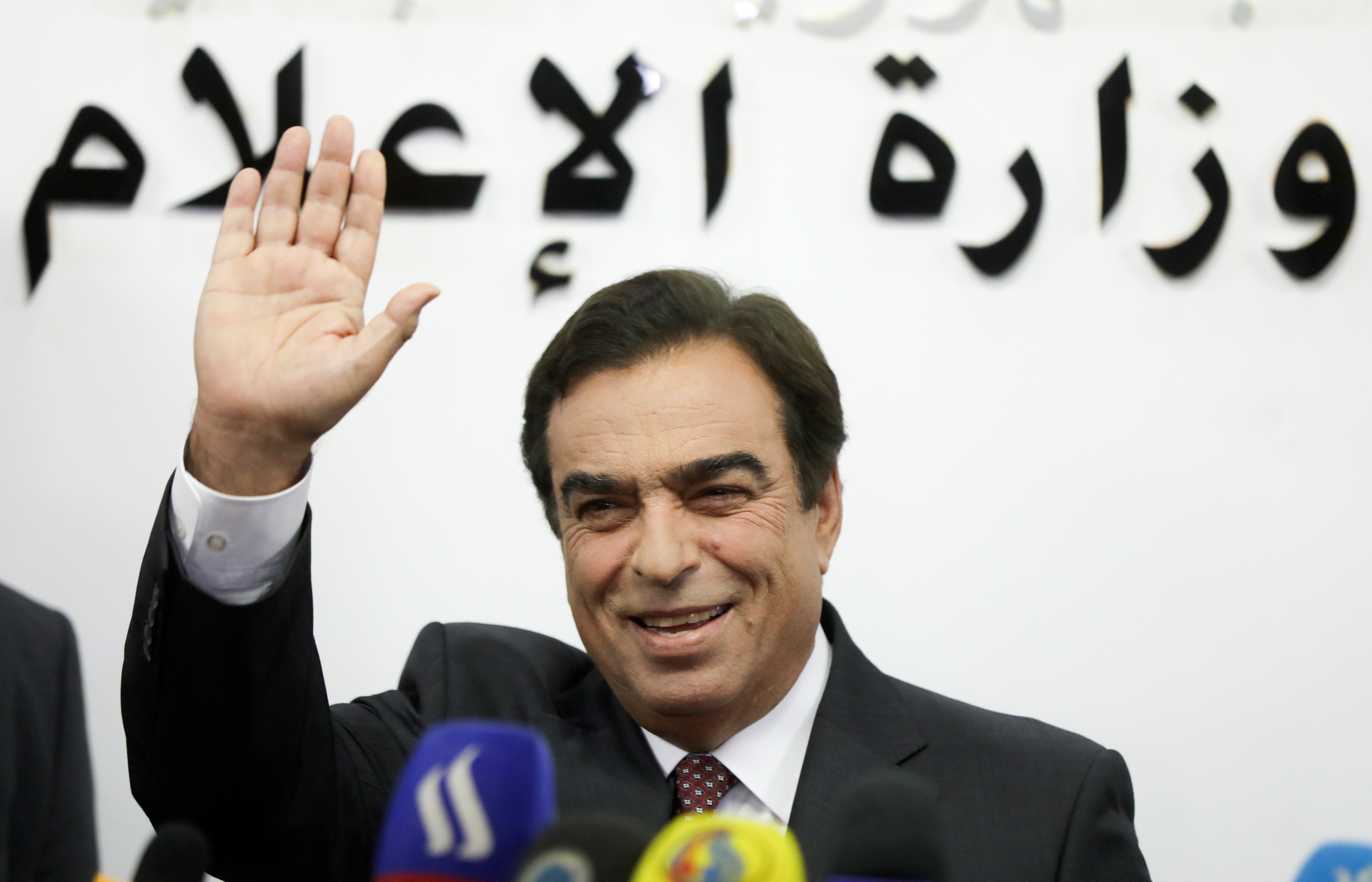 Lebanese Information Minister George Kordahi gestures during a news conference to announce his resignation in Beirut, Lebanon December 3, 2021. REUTERS/Mohamed Azakir