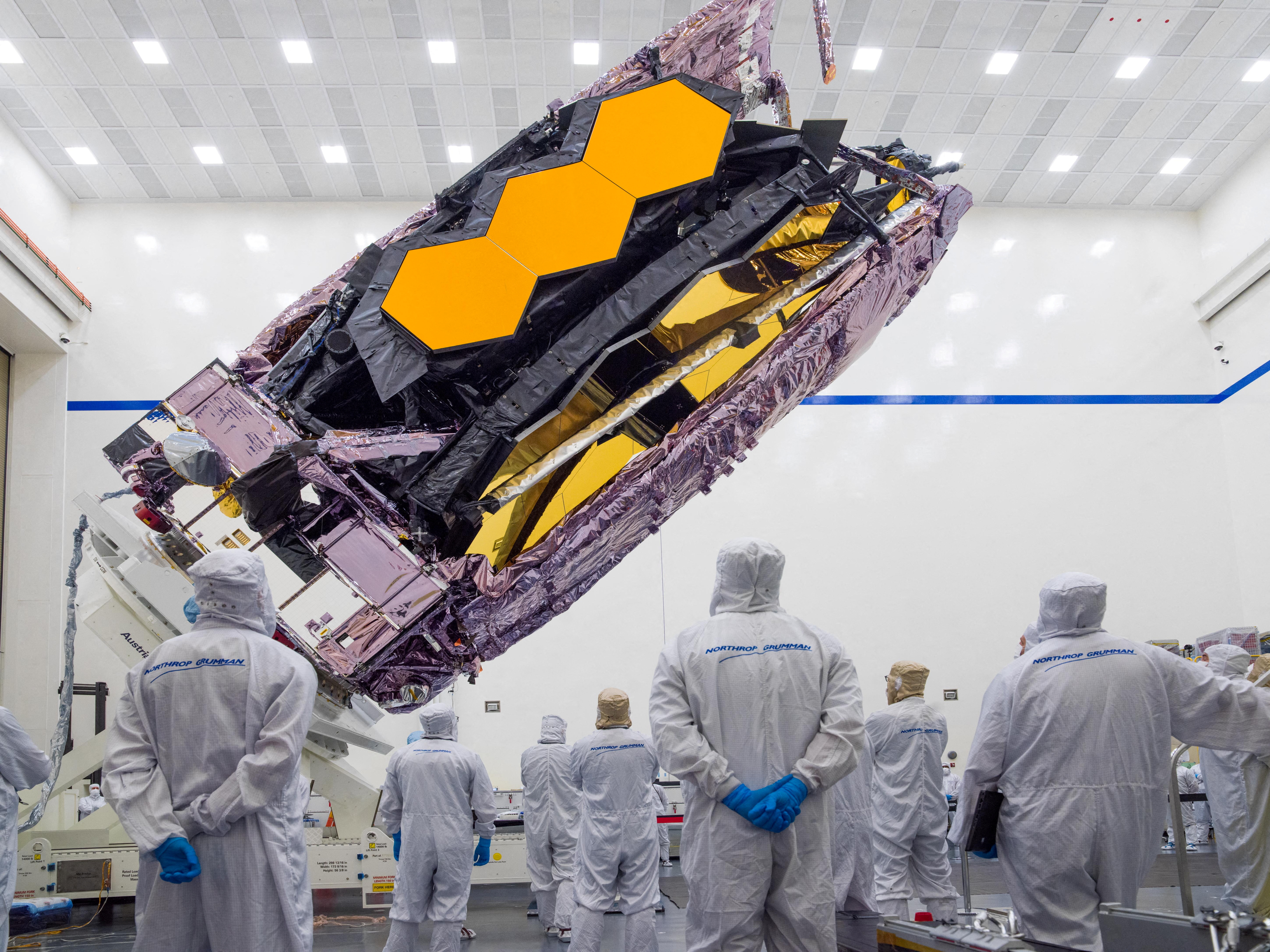 The James Webb Space Telescope is packed up for shipment to its launch site in Kourou, French Guiana in an undated photograph at Northrop Grumman's Space Park in Redondo Beach, California.  NASA/Chris Gunn/Handout via REUTERS 