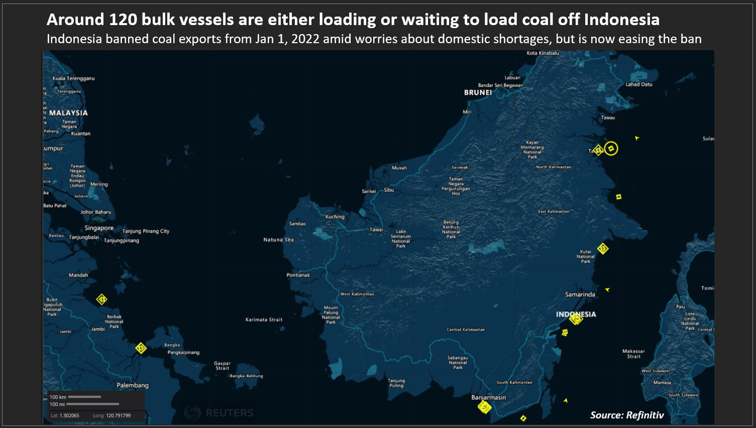 Around 120 bulk vessels are either loading or waiting to load coal off Indonesia