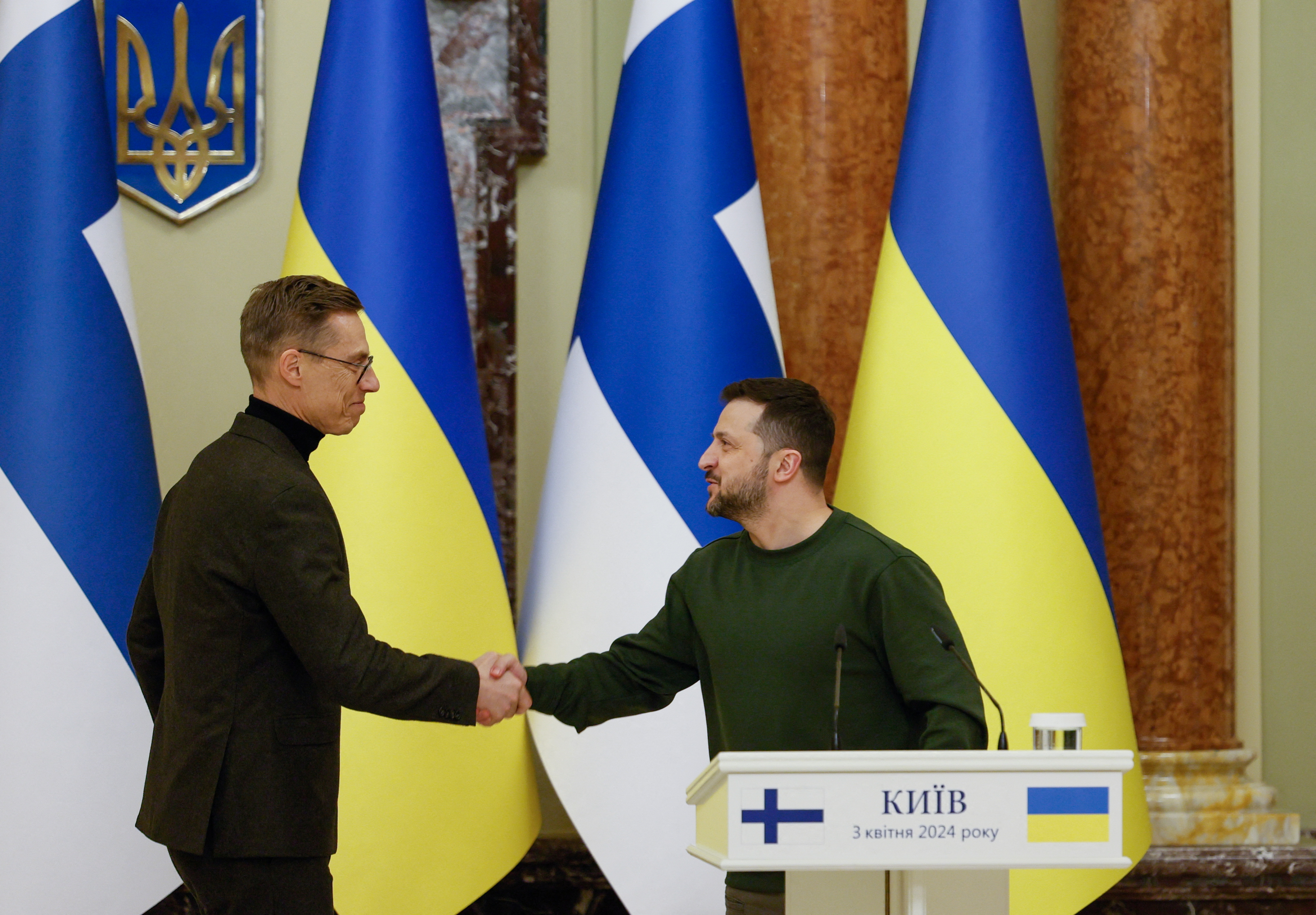 Ukraine's President Zelenskiy and Finnish President Stubb attend a joint press conference in Kyiv
