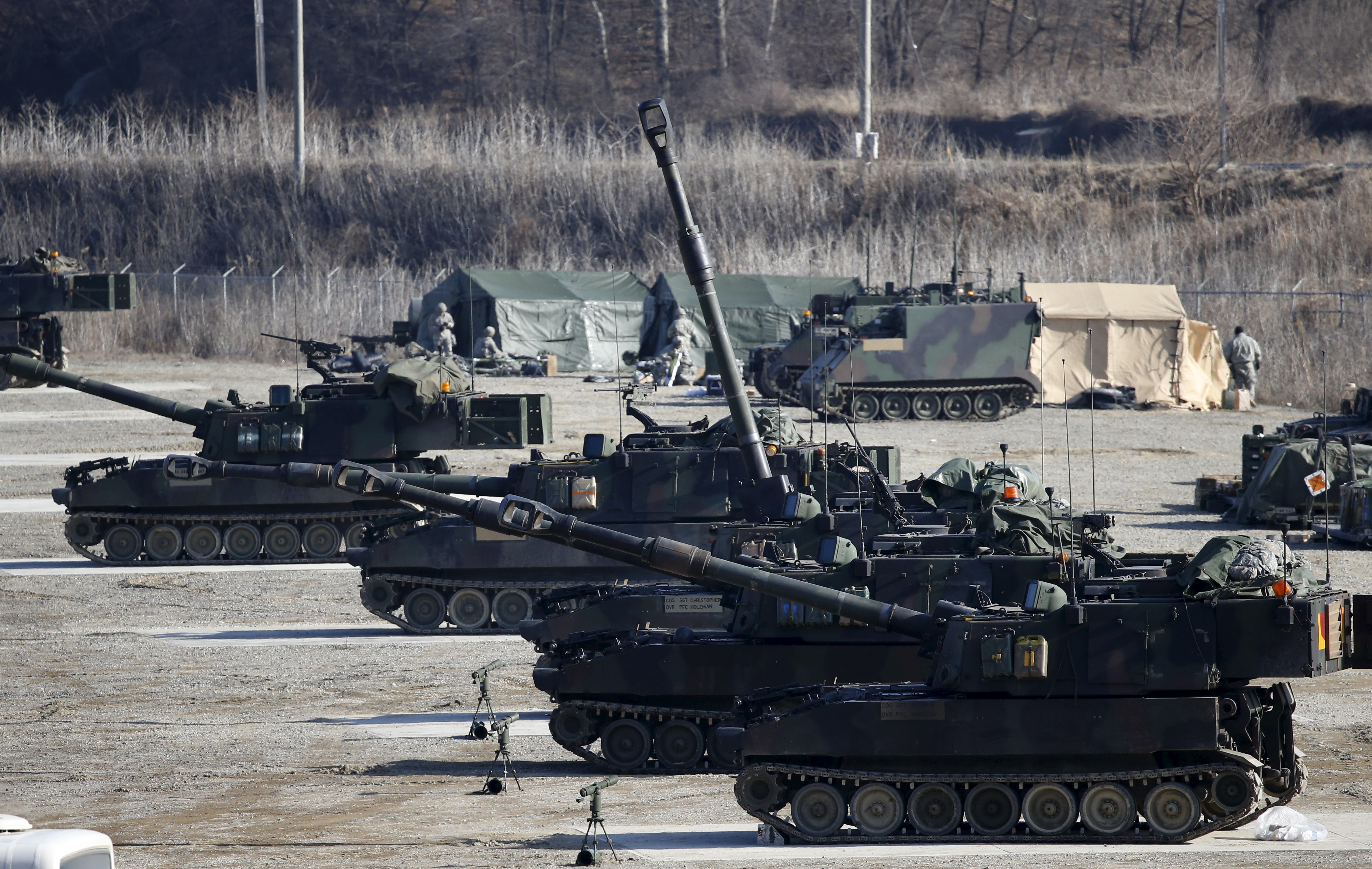 U.S. Army M109A6 Paladin self-propelled howitzers are seen during a military exercise in Pocheon