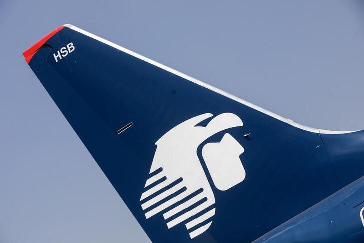 The logo of Aeromexico is pictured on the vertical stabilizer of an airplane at the Benito Juarez International airport, in Mexico City