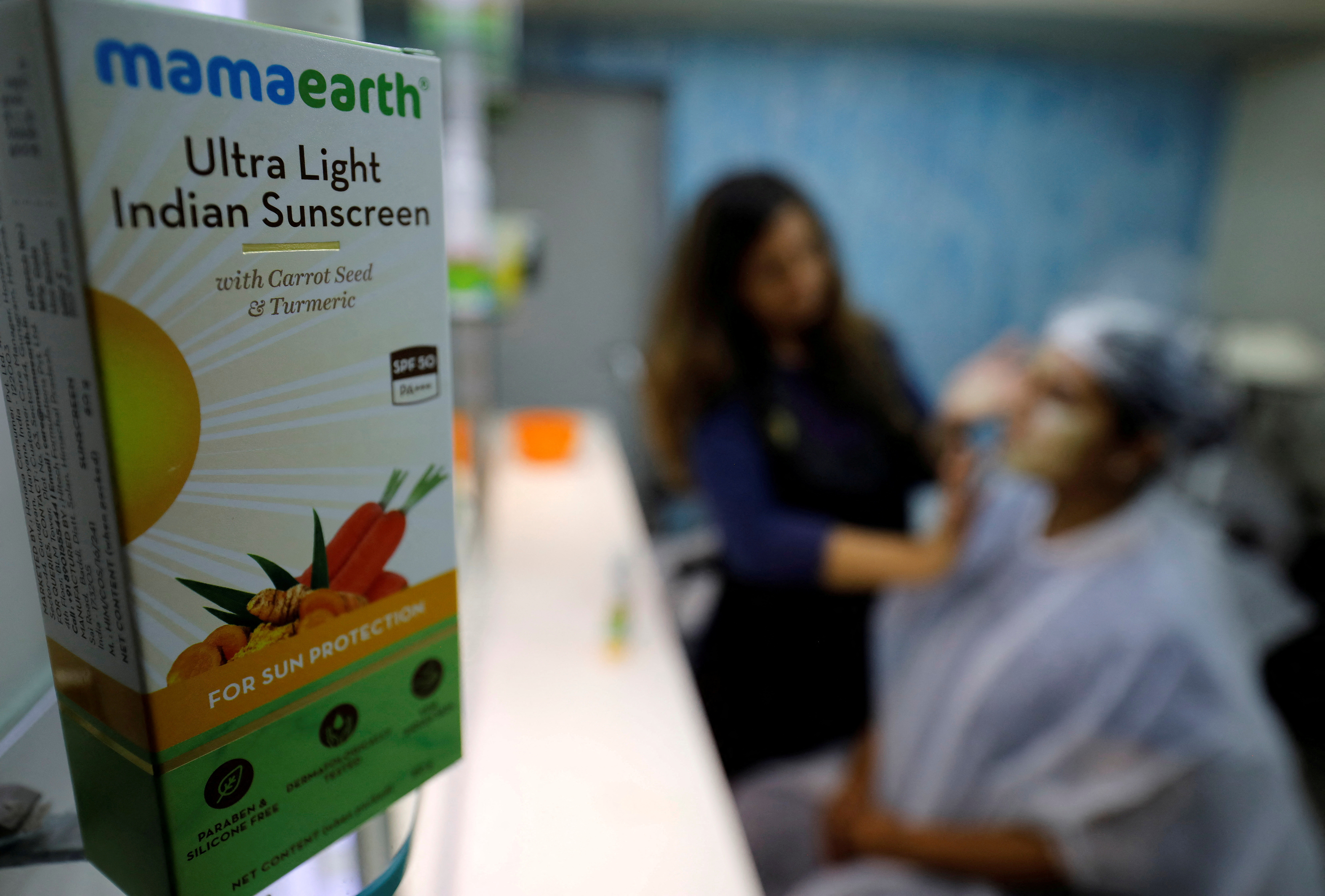 A product of Indian skincare startup Mamaearth is on display at a beauty parlour in Ahmedabad