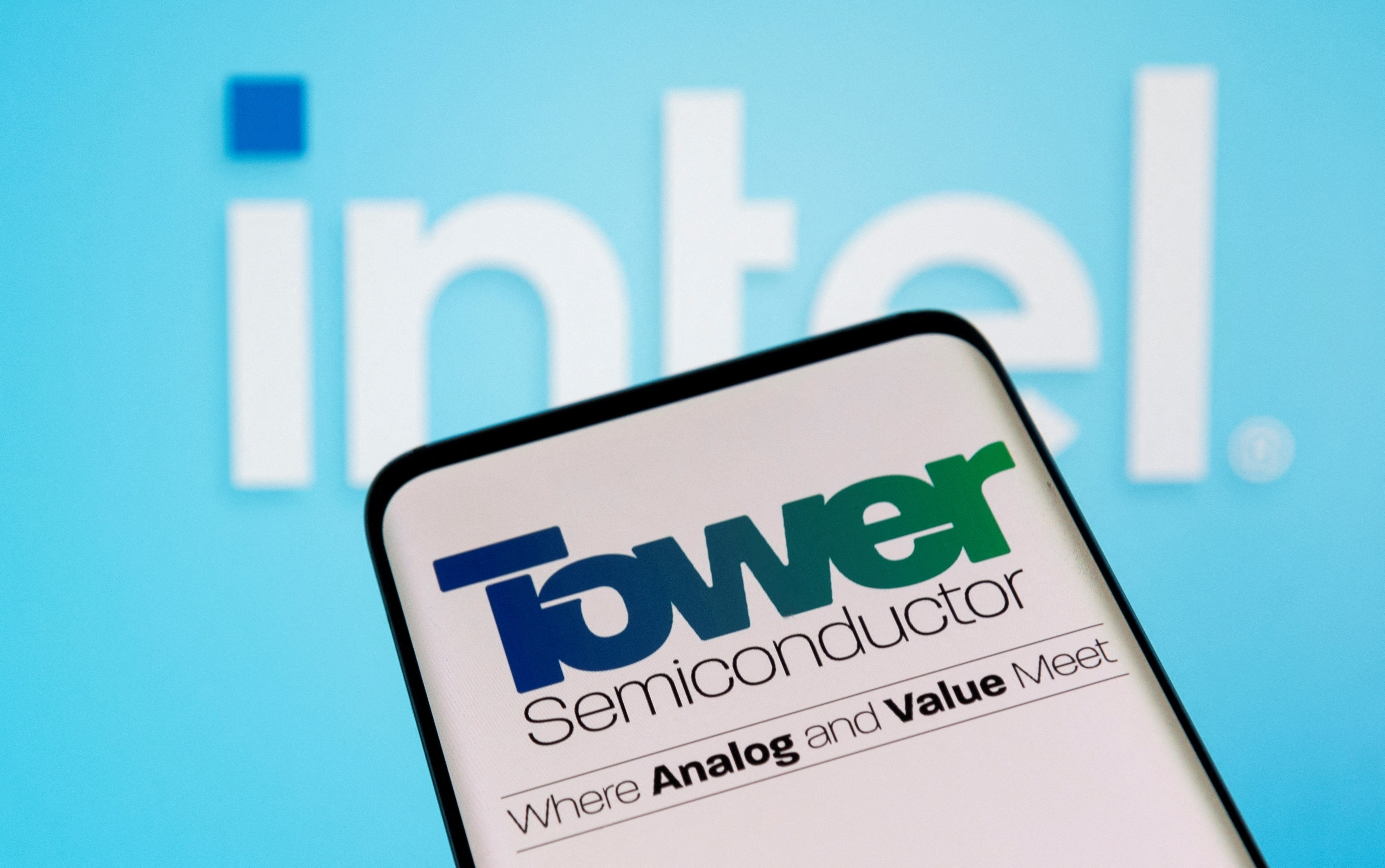 Illustration shows Tower Semiconductor and Intel logos