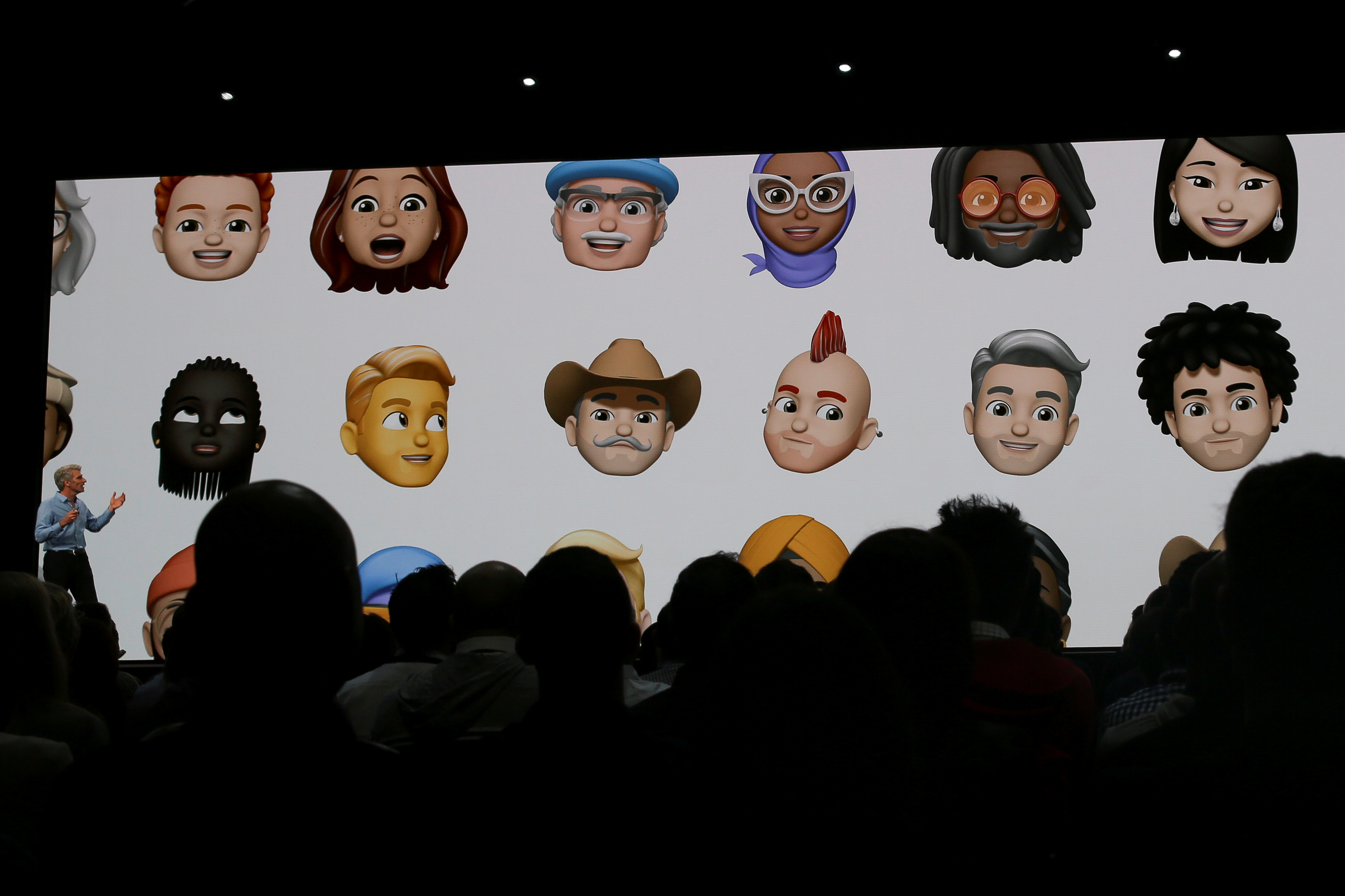 Apple senior vice president of Software Engineering Craig Federighi displays a sampling of new Memoji avatars at the Apple Worldwide Developer Conference WWDC in San Jose