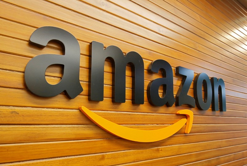 The logo of Amazon is pictured inside the company's office in Bengaluru