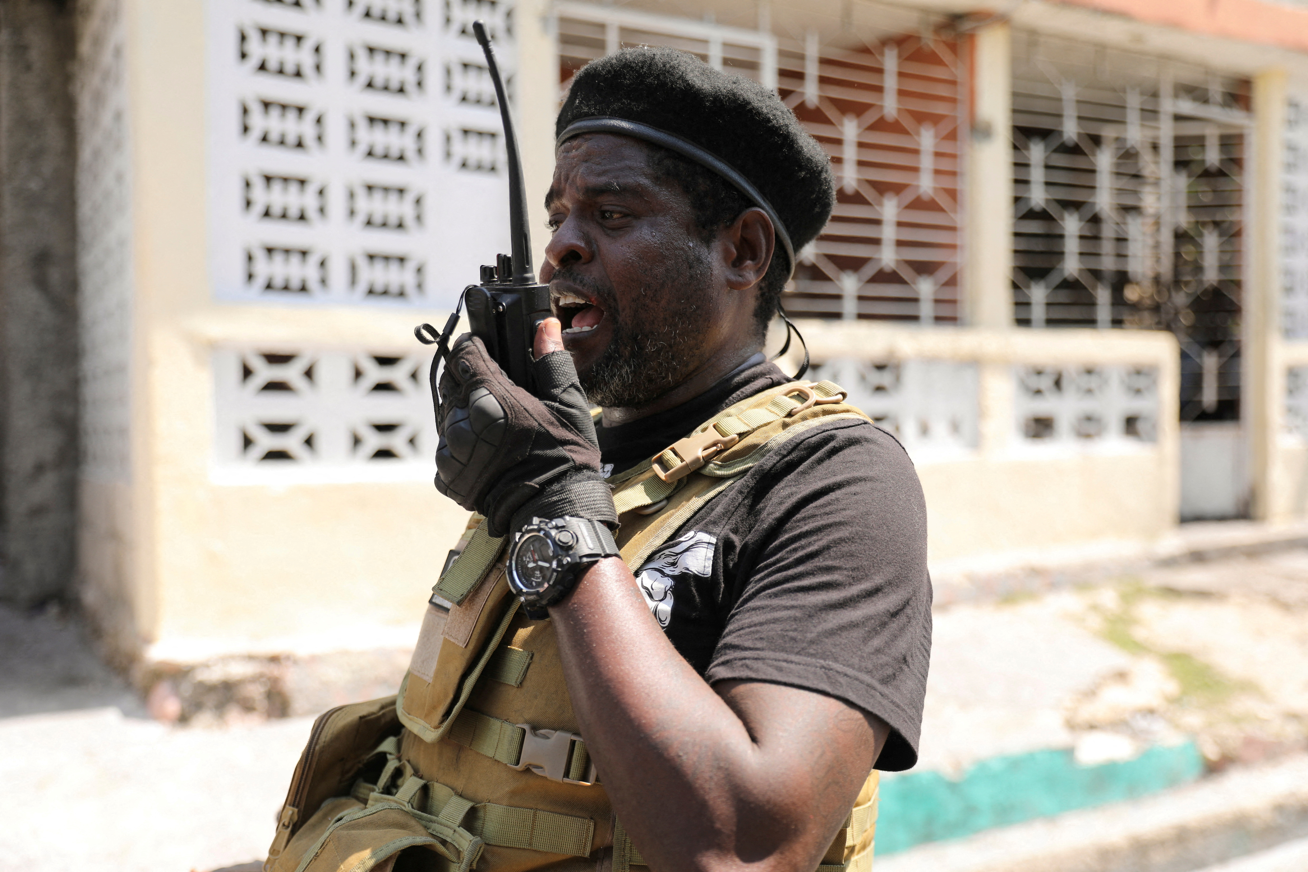 Former police officer Jimmy "Barbecue" Cherizier addresses the media, in Port-au-Prince