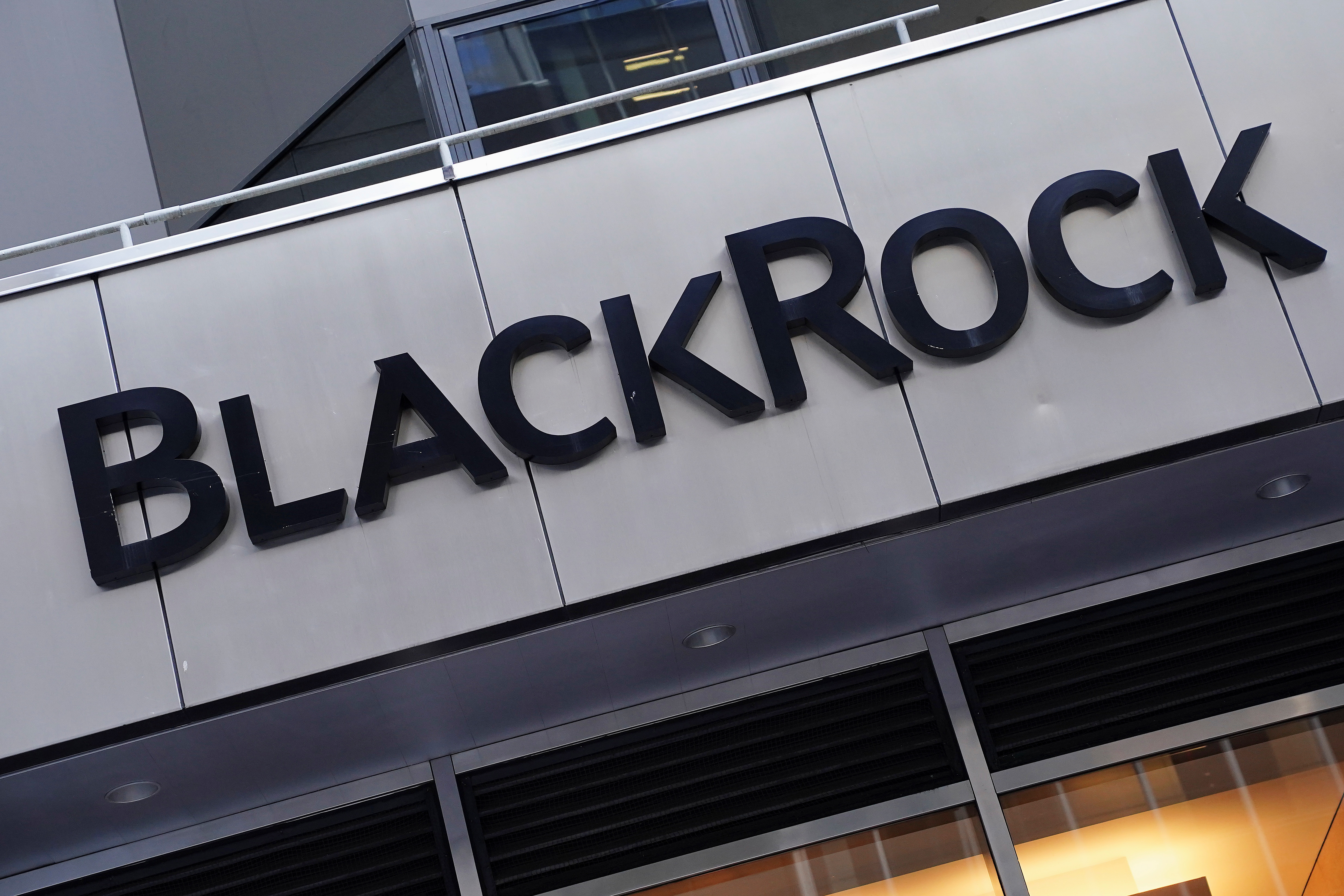 The BlackRock logo is pictured in New York City