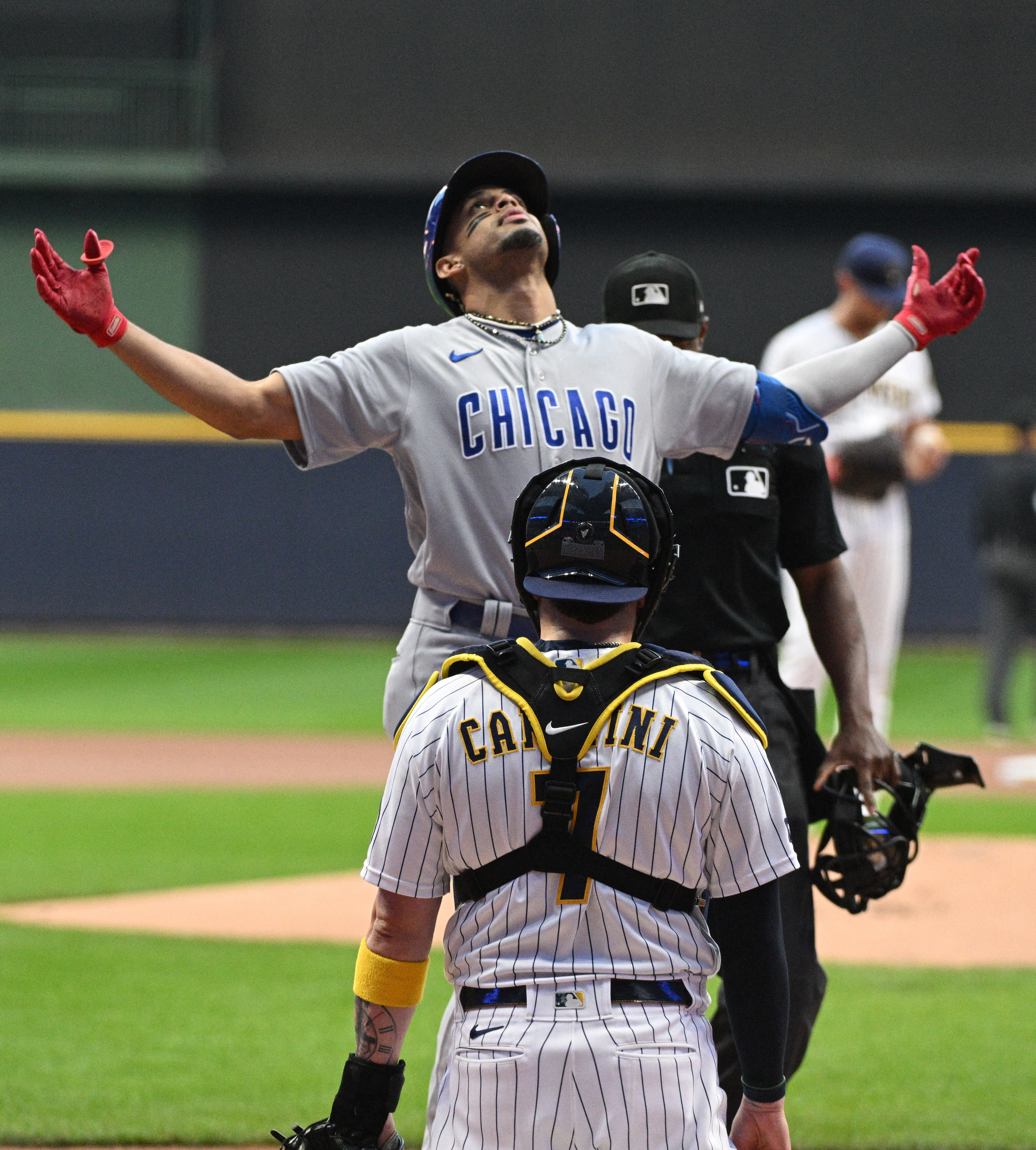 Chicago Cubs catcher Yan Gomes celebrates with relief pitcher Adbert  Alzolay after the team's 10-7 win over the Chicago White Sox in a baseball  game Wednesday, July 26, 2023, in Chicago. (AP