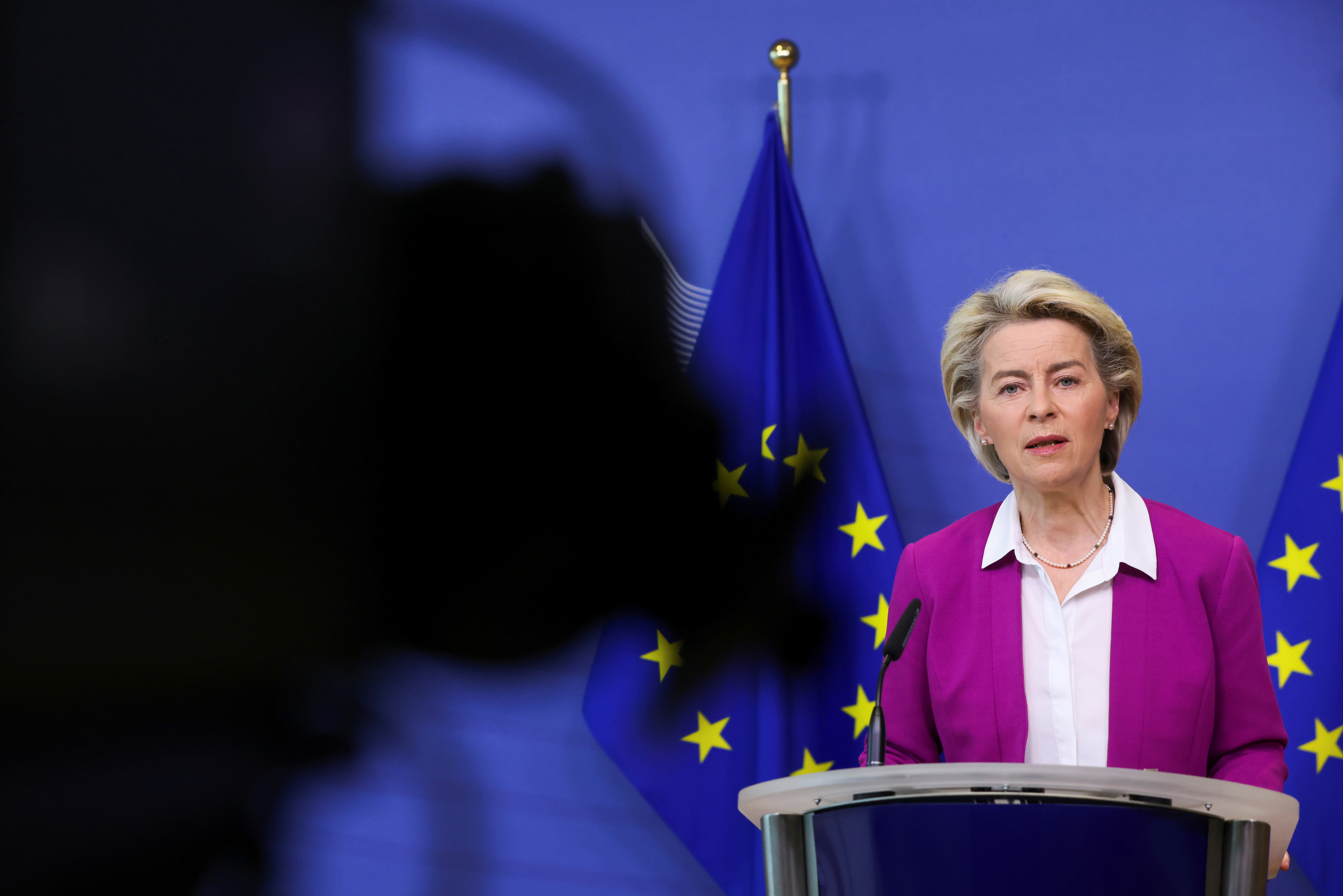 European Commission President Ursula von der Leyen gives a media statement on the coronavirus disease (COVID-19) vaccines, in Brussels, Belgium October 18, 2021.  REUTERS/Yves Herman/Pool