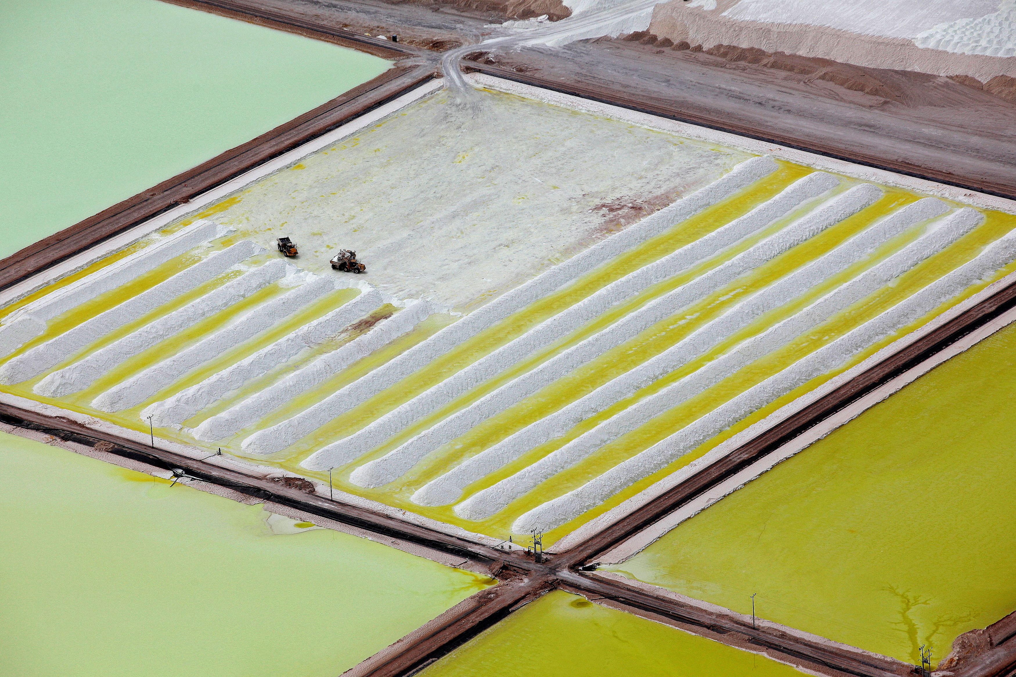 An aerial view of the Soquimich lithium mine on the Atacama salt flat in northern Chile