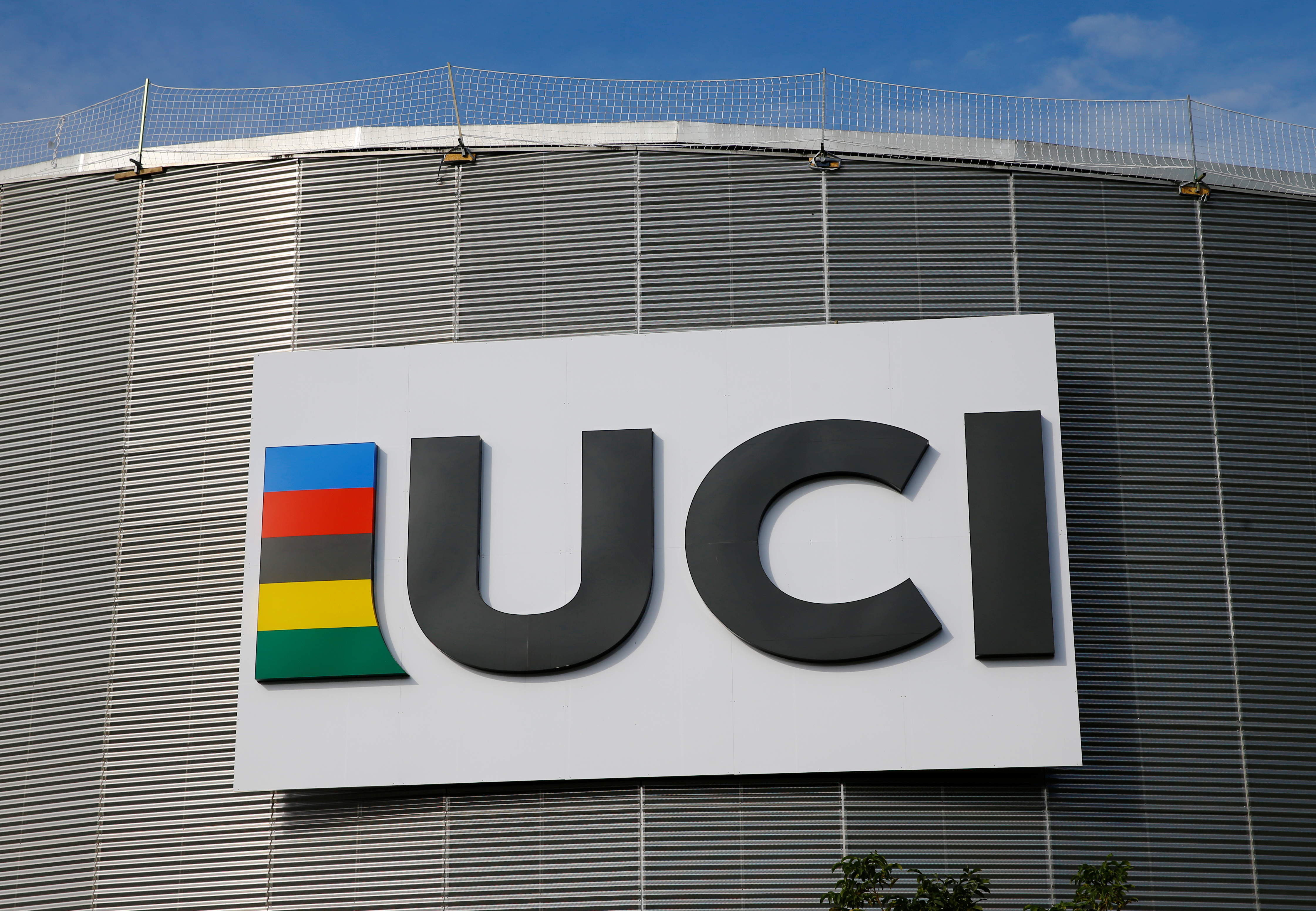 A logo is pictured on the indoor track at the International Cycling Union (UCI) Federation headquarters in Aigle