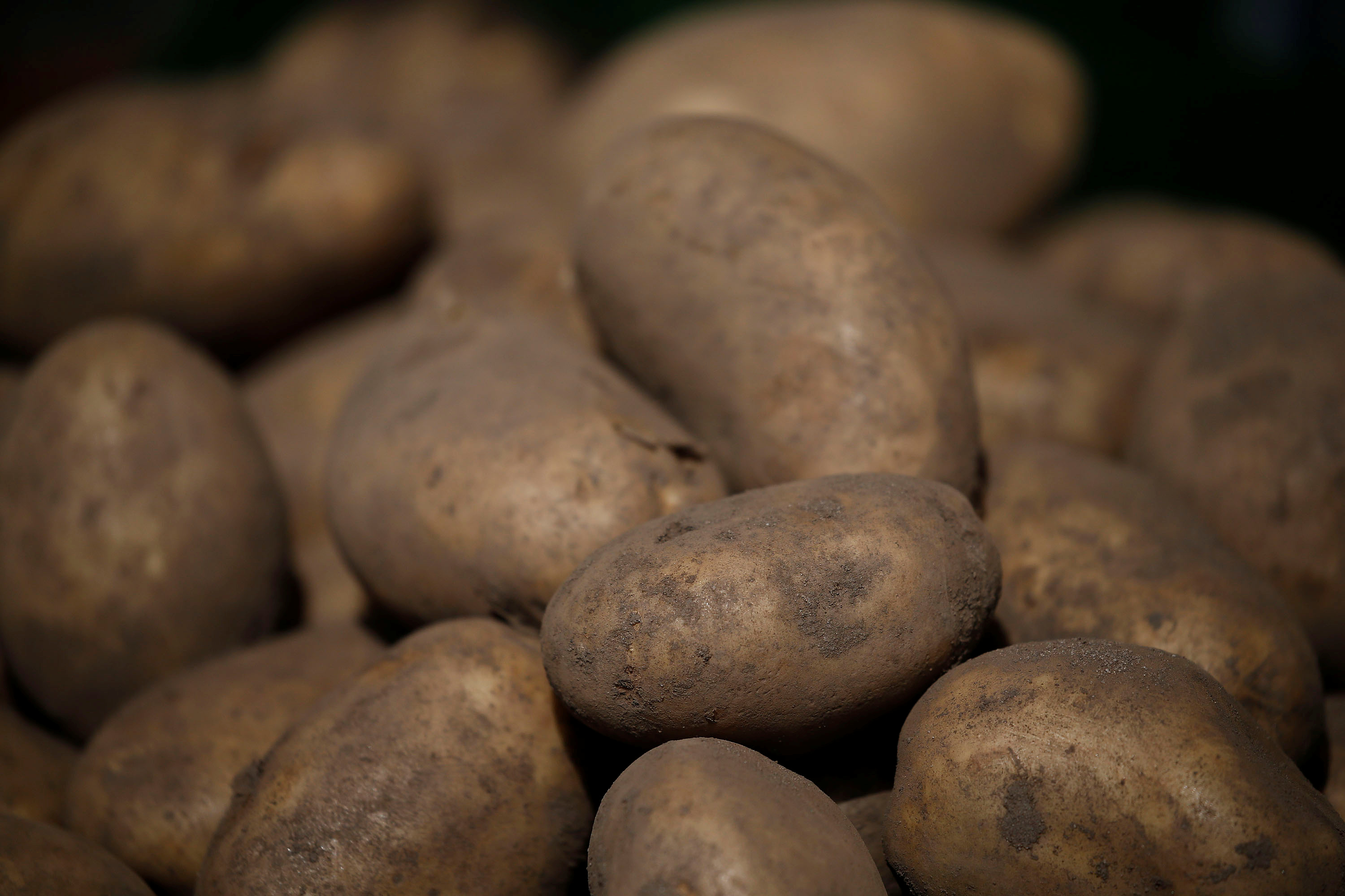 Potatoes are seen for sale on a fruit and vegetable stall at Alsager market, Stoke-on-Trent
