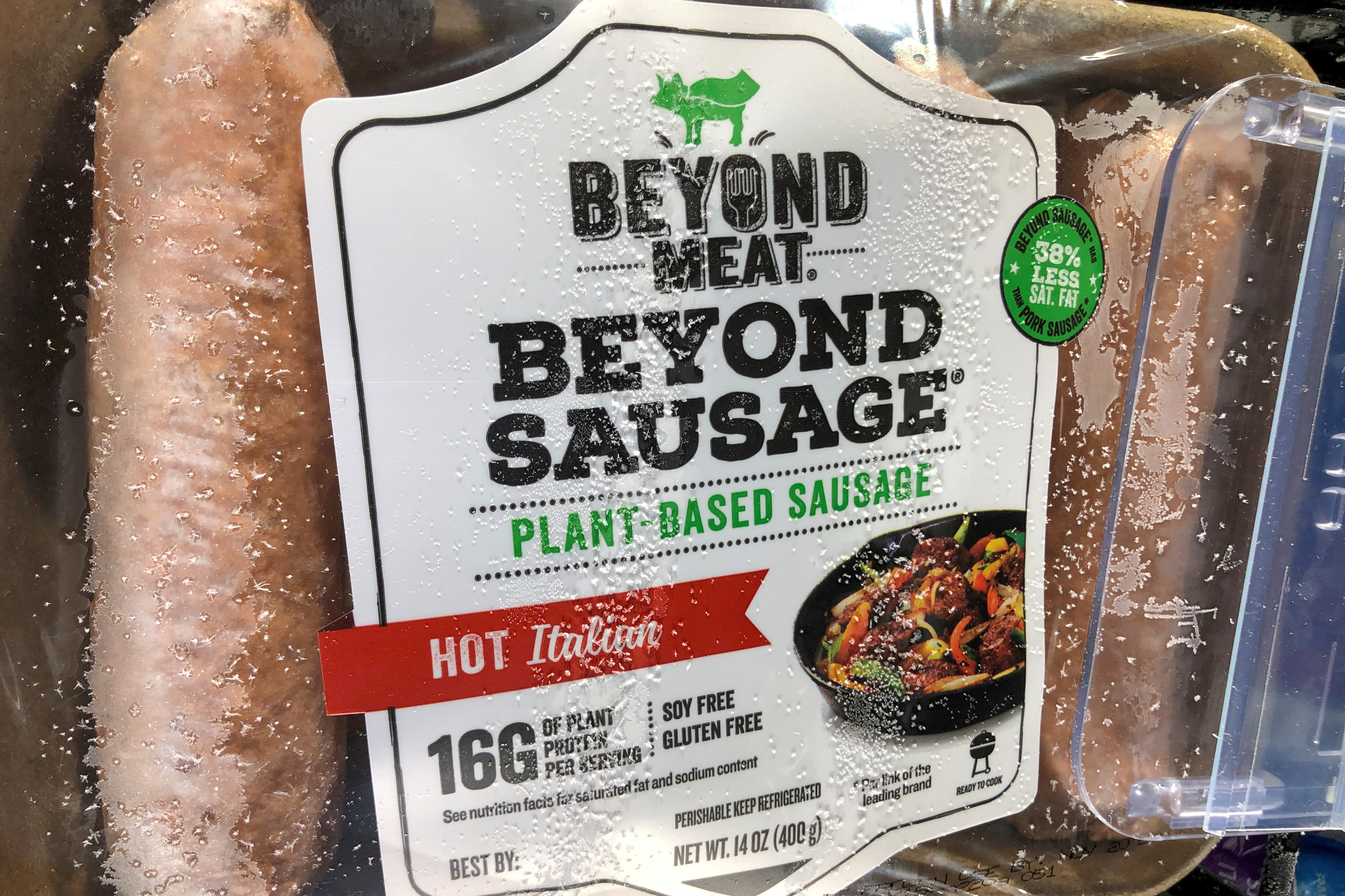 Vegetarian sausages from Beyond Meat Inc, the vegan burger maker, are shown for sale at a market in Encinitas, California