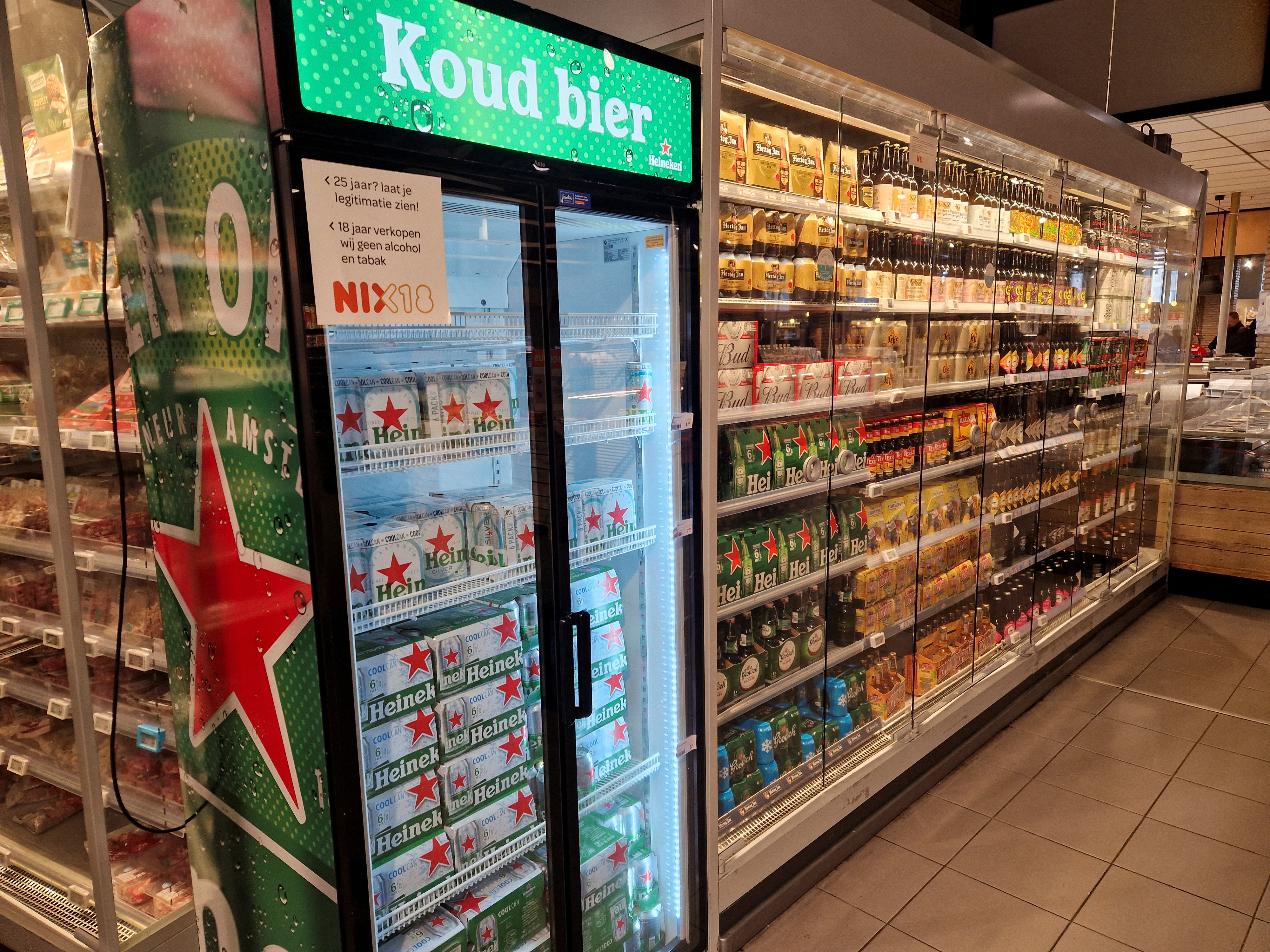 Cans of Heineken Silver are seen on display at a supermarket in Amsterdam