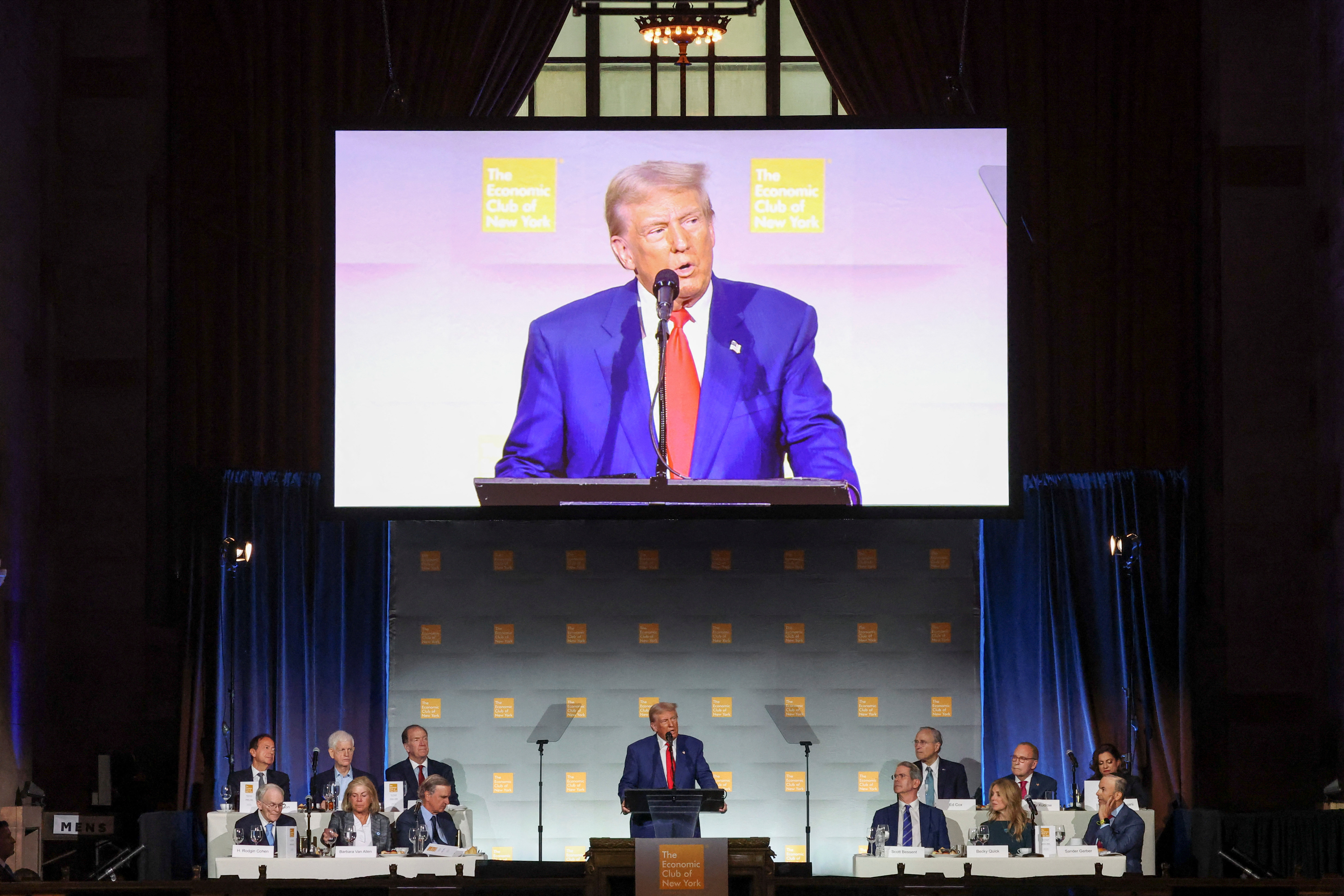 Republican presidential nominee and former U.S. President Trump addresses the Economic Club of New York in New York City