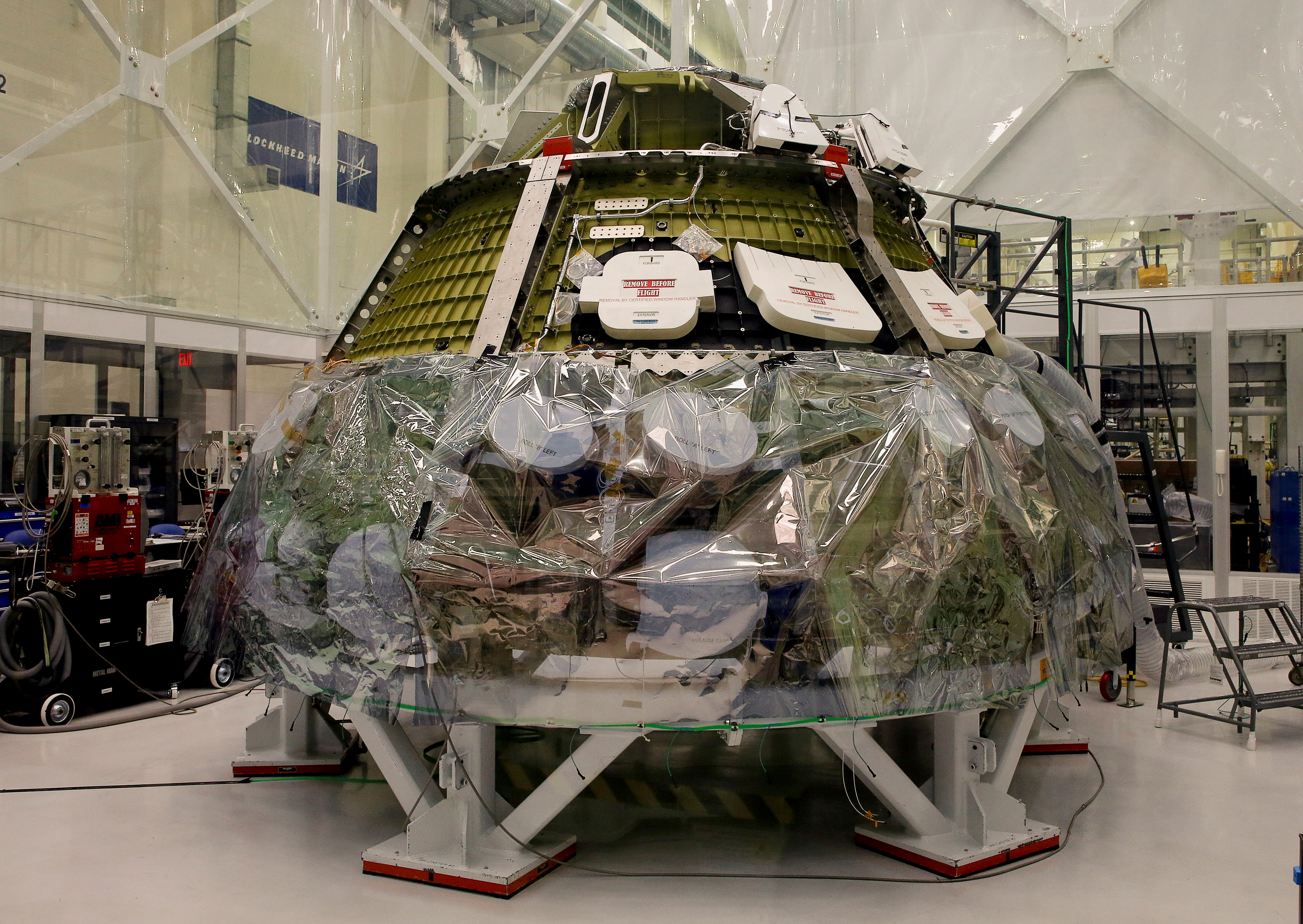 The NASA Artemis program moon rocket's Orion crew capsule is shown during a media event
