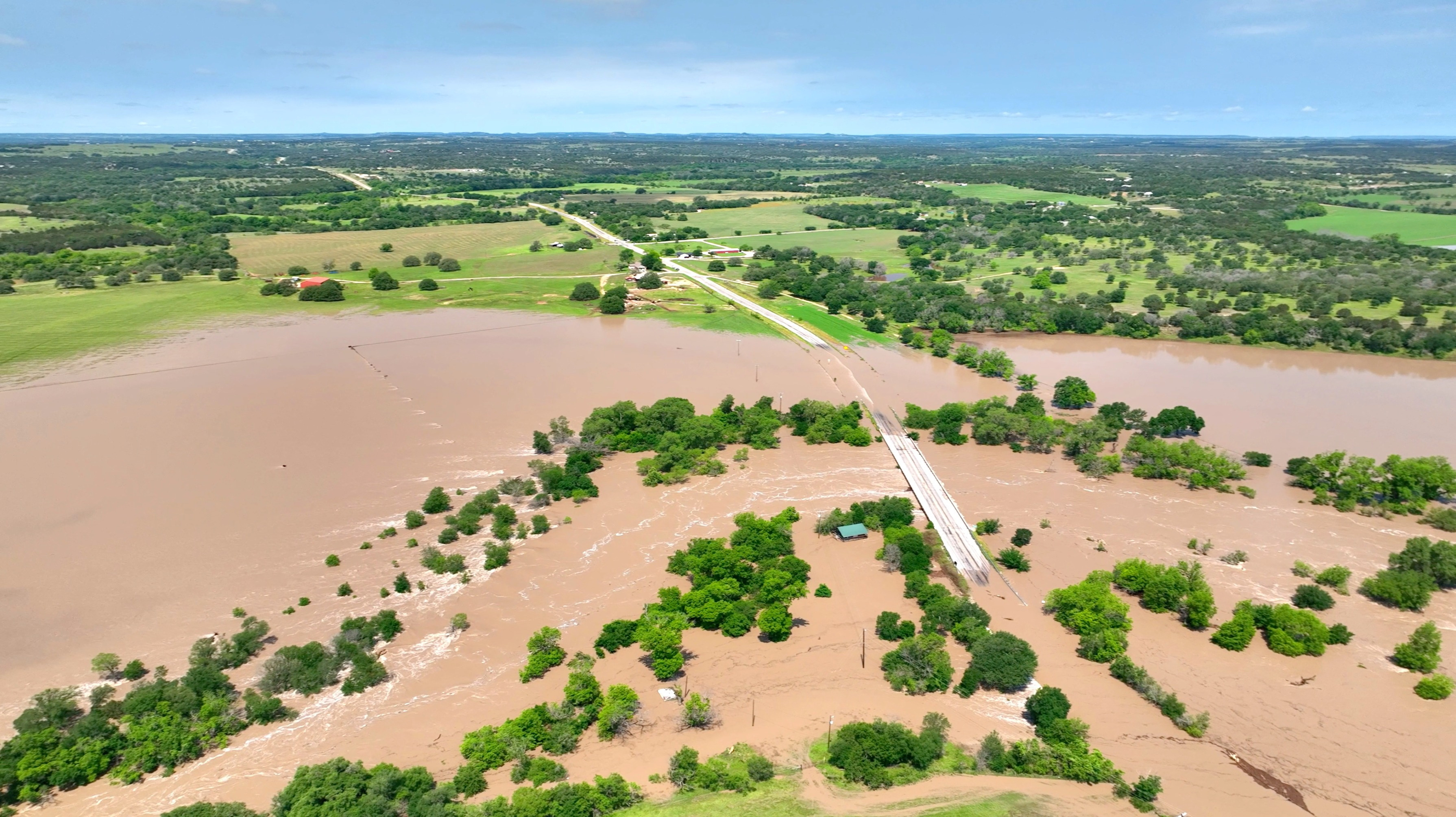 An aerial view of a flooded area, in Brooks Crossing, Texas
