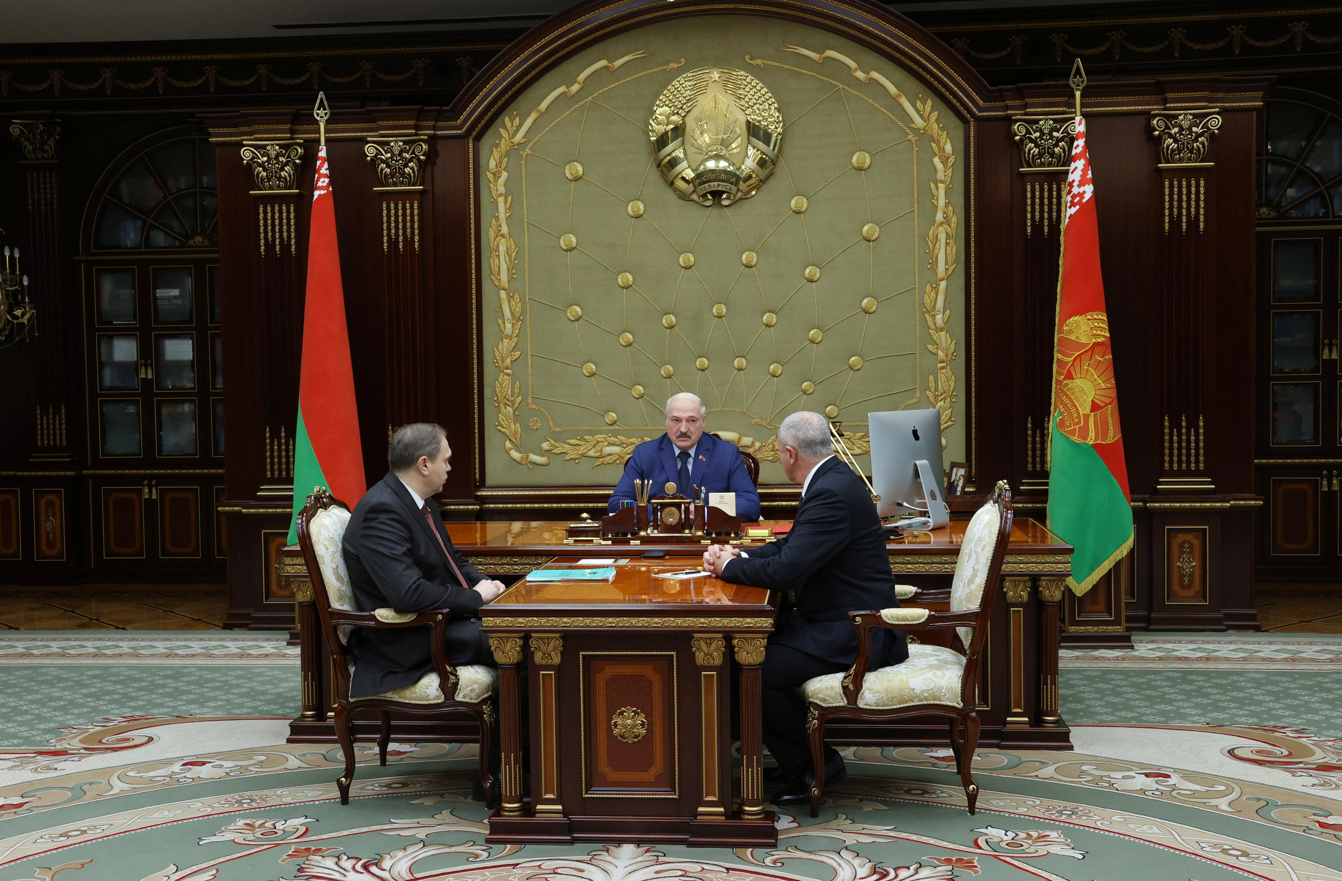 Belarusian President Alexander Lukashenko attends a meeting in Minsk